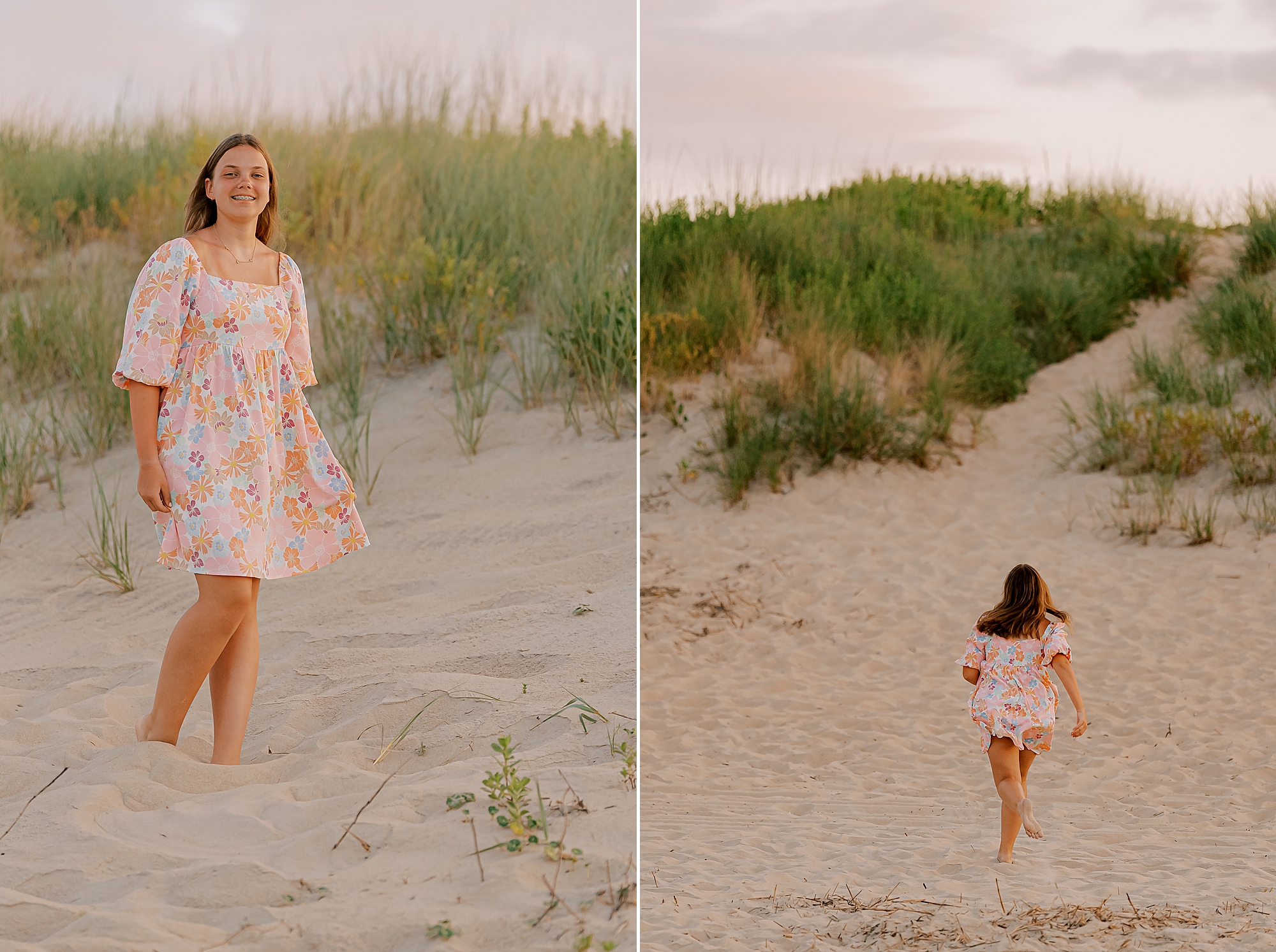 teenage girl walks towards sand dune and poses in pink gown