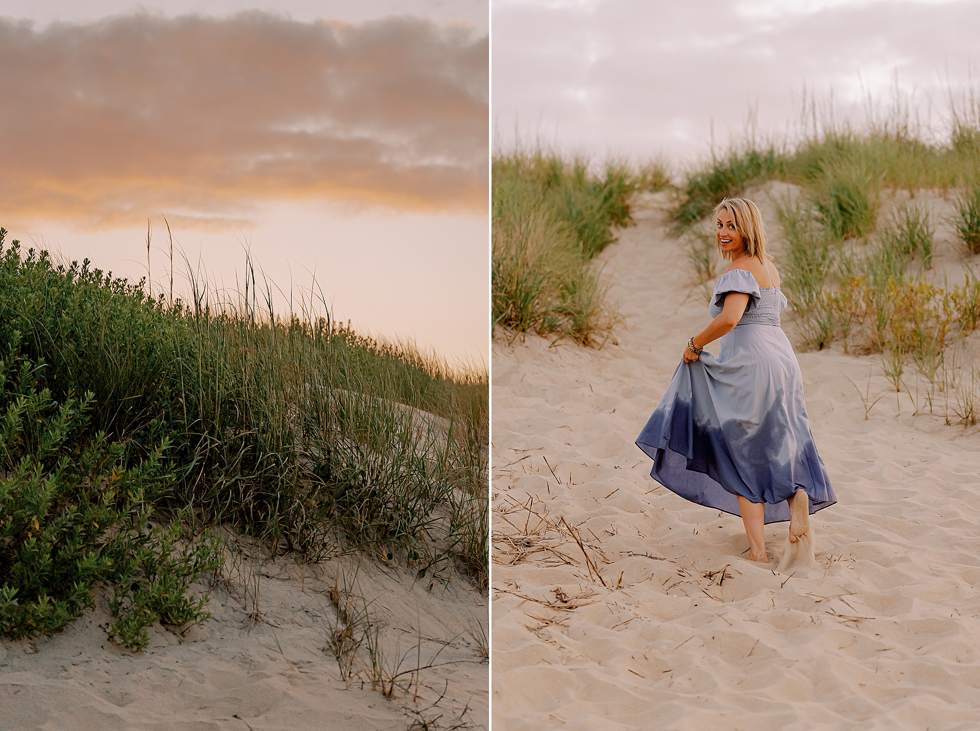 woman walks towards path in the sand holding up skirt of blue dress