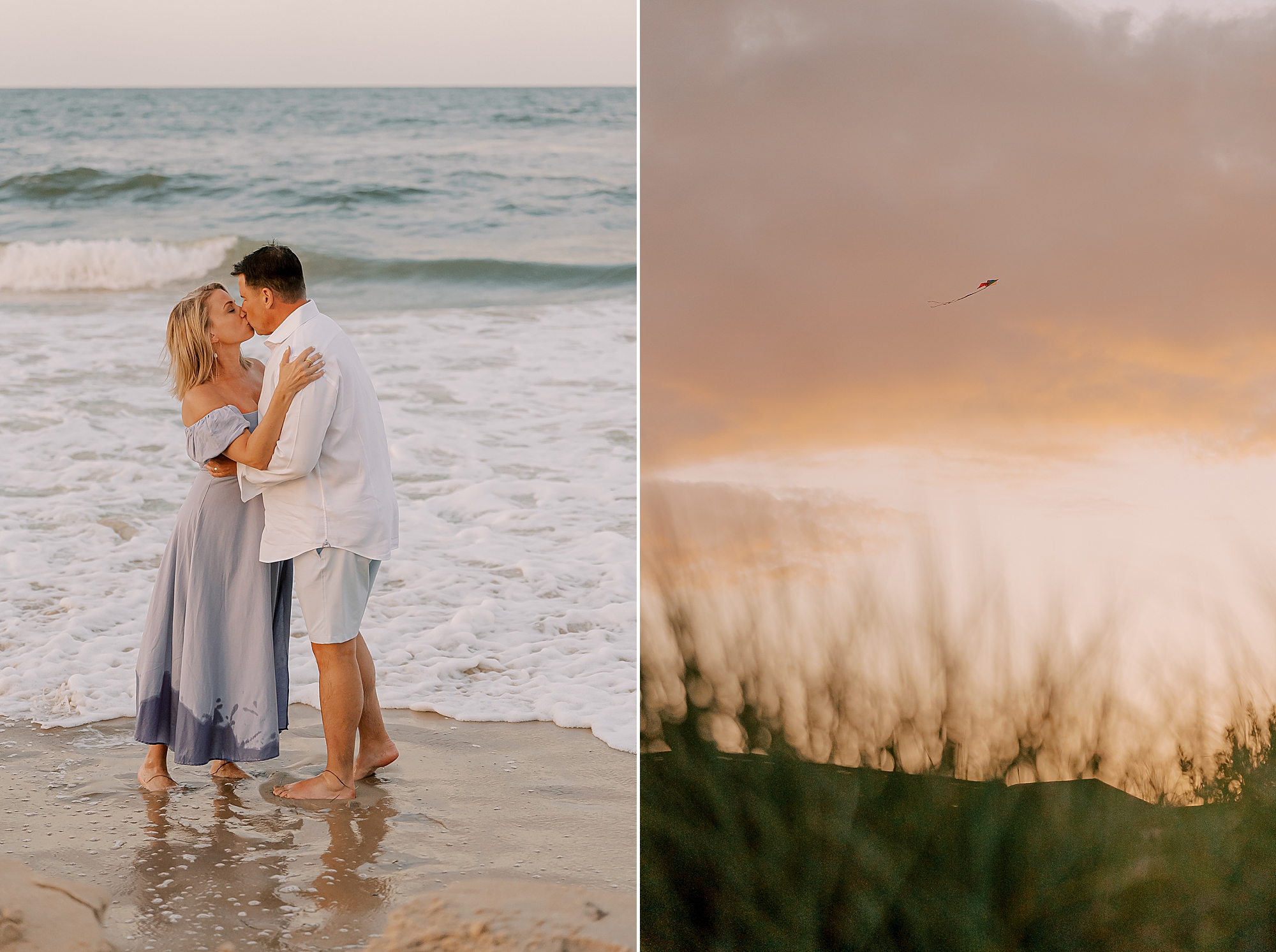 parents kiss as ocean wave crashes on legs