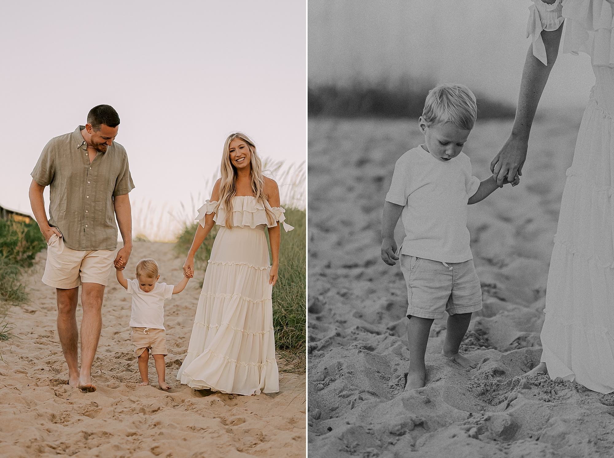 family of three walks on beach in kill devil hills nc