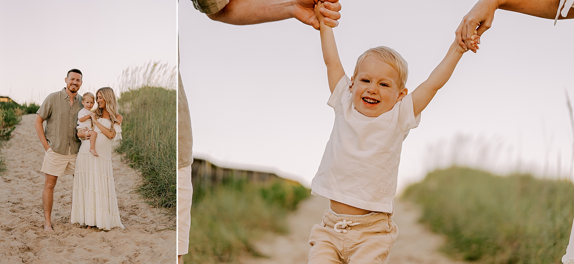 parents hold toddler son's hands on beach access