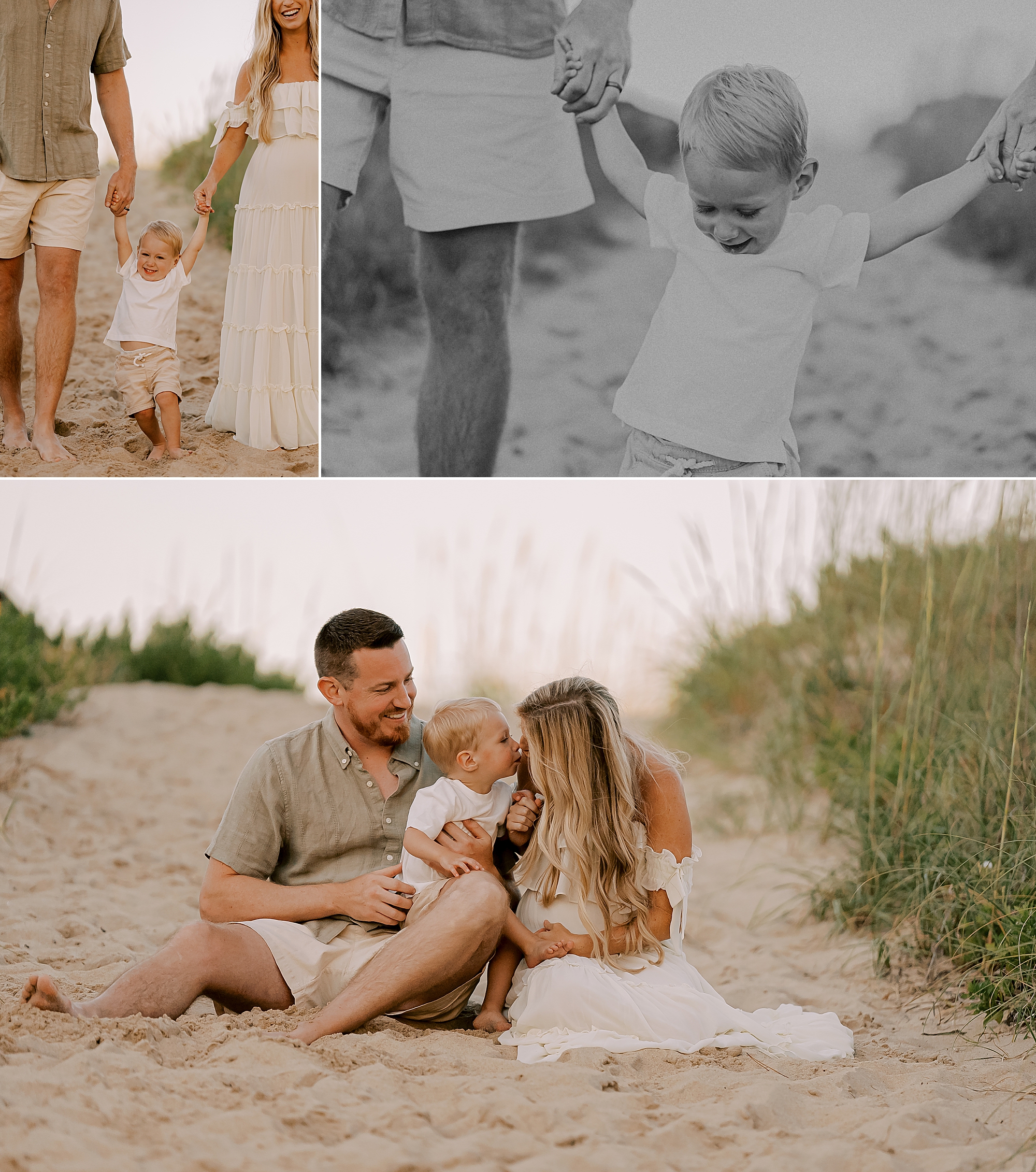 family of three cuddles on the sand during beach maternity photos in Kill Devil Hills 