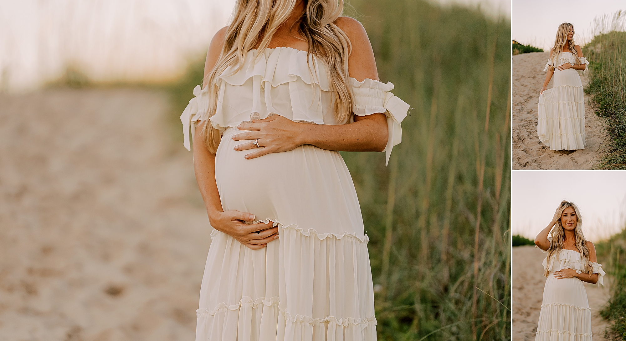 mom in white summer dress holds baby bump during beach maternity photos in Kill Devil Hills 