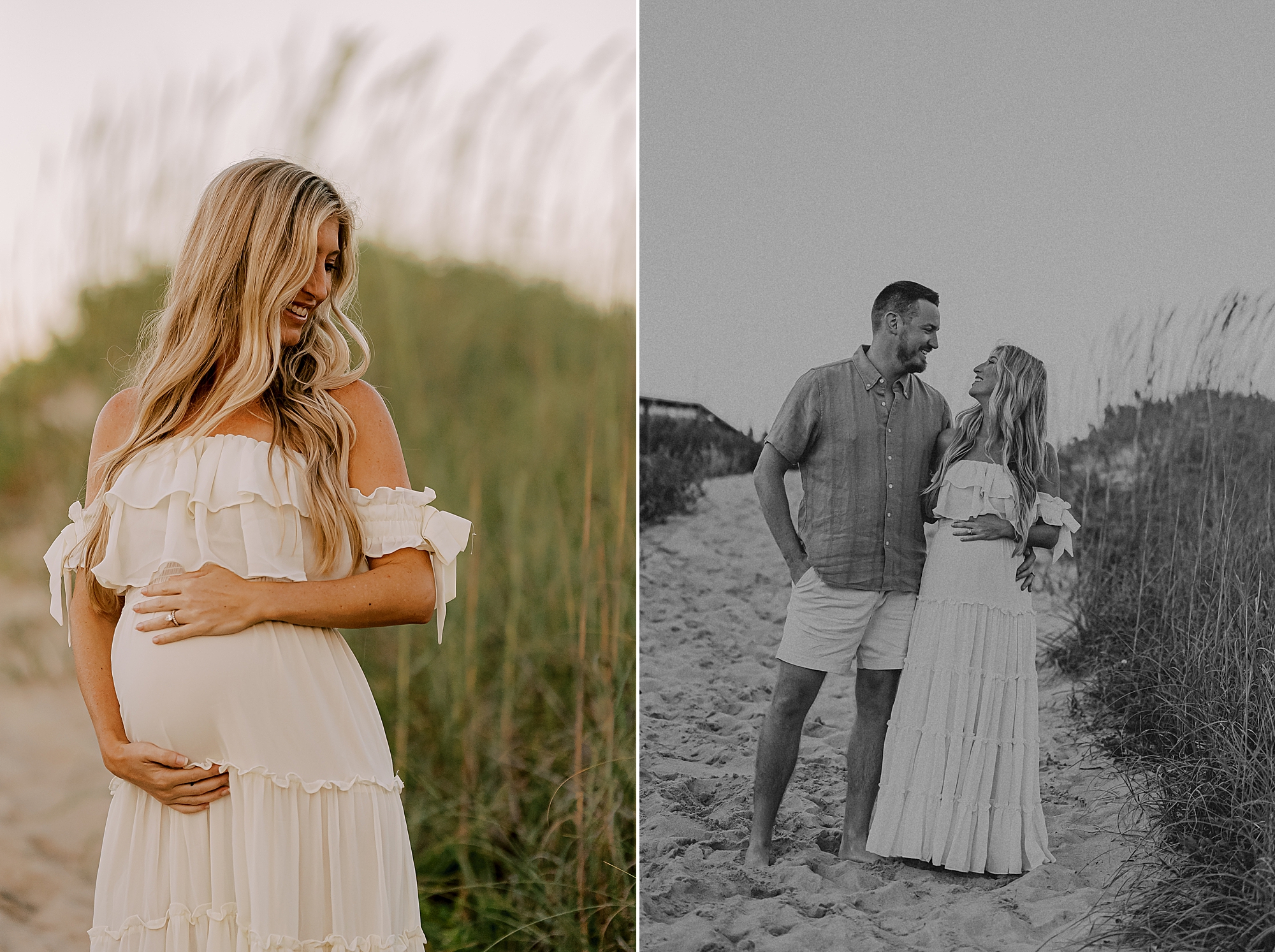 mom holds baby bump in white dress during beach maternity photos in Kill Devil Hills 