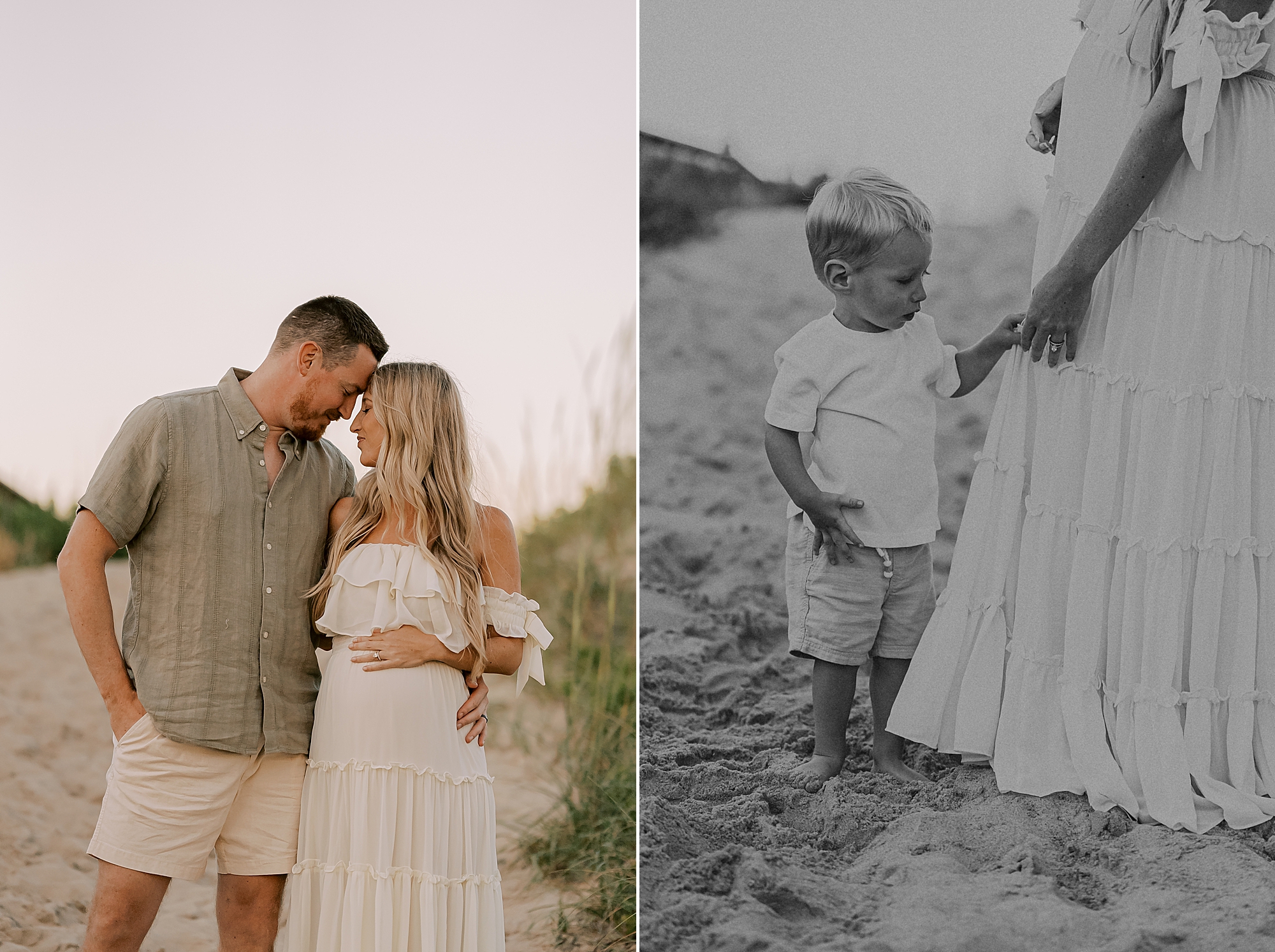 expecting parents hold hands while mom holds baby bump during beach maternity photos in Kill Devil Hills 