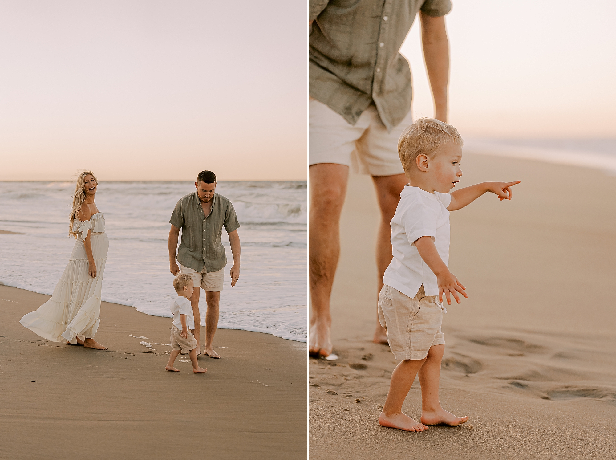 toddler looks out at ocean during family photos on the beach