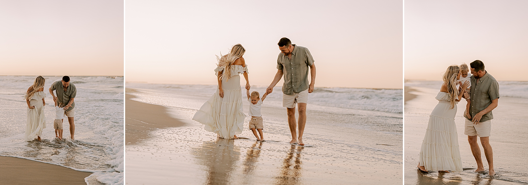 parents hold hands with son walking on beach through water