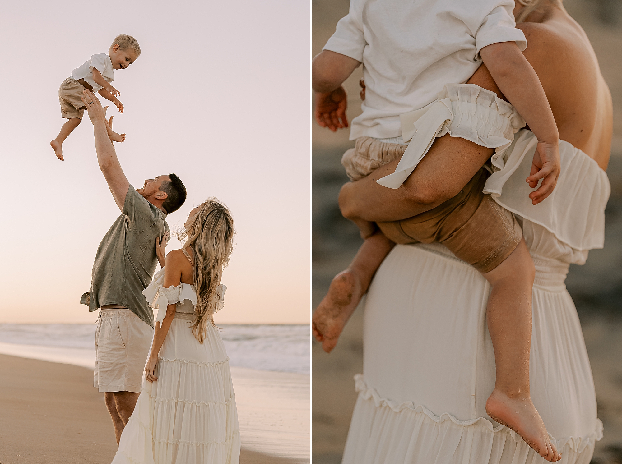 dad tosses toddler in the air during sunset family photos on the beach 