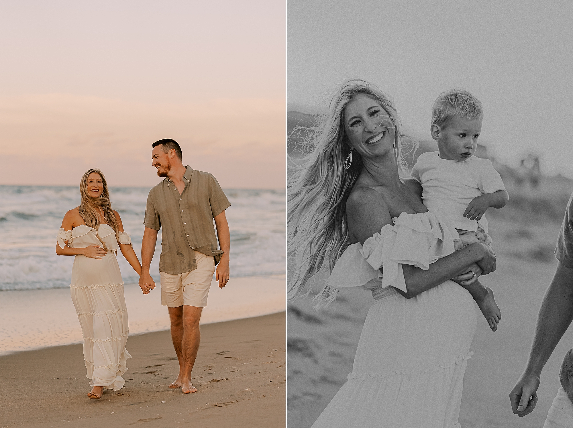 mom carries toddler son on baby bump during beach maternity photos in Kill Devil Hills 