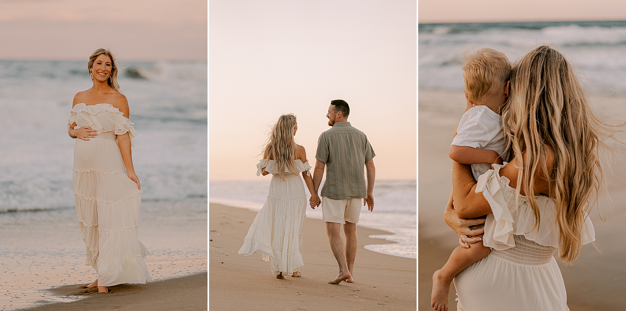 parents hold hands walking towards the beach at sunset 