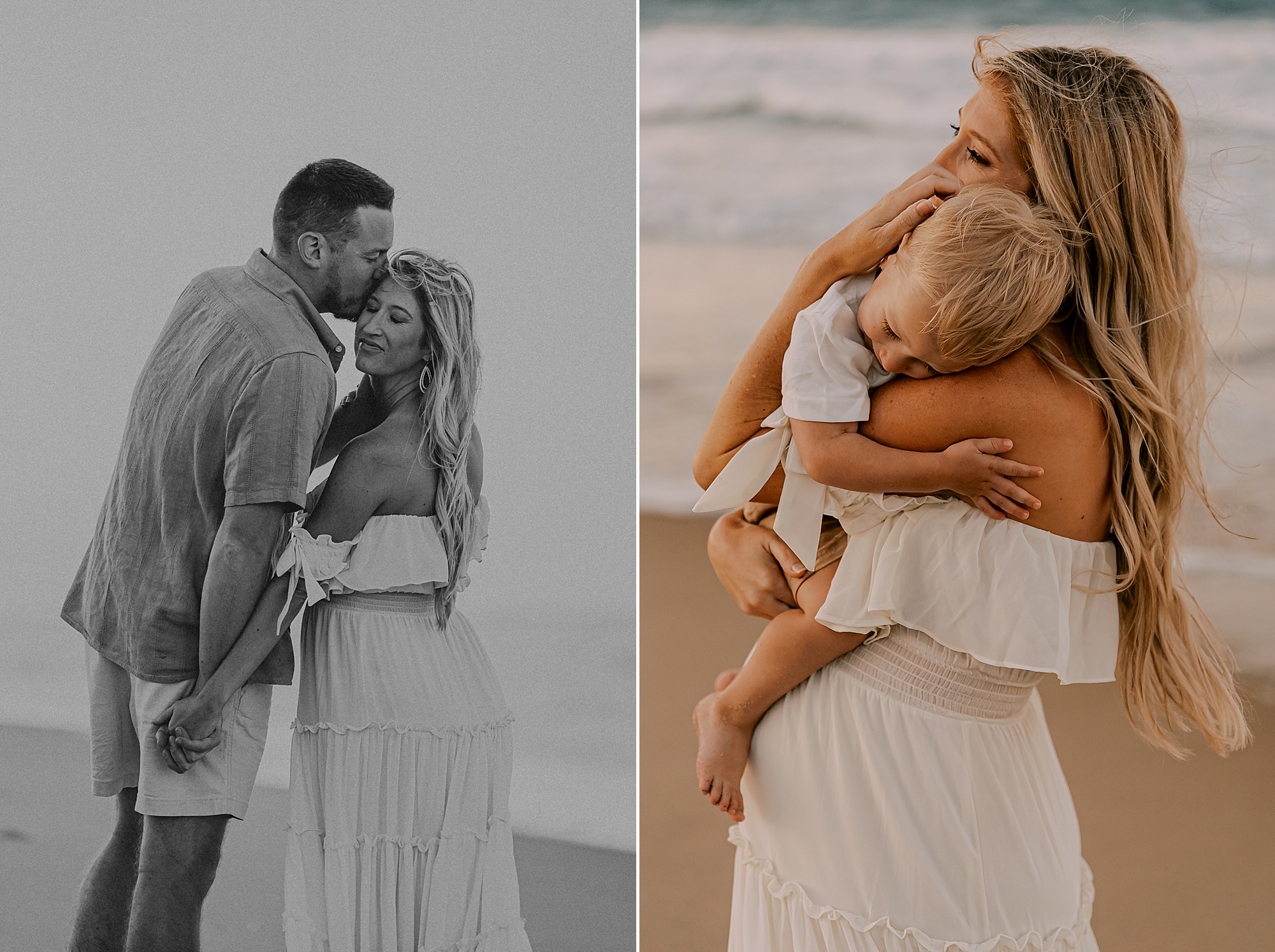 husband leans to kiss wife during beach maternity photos in Kill Devil Hills 