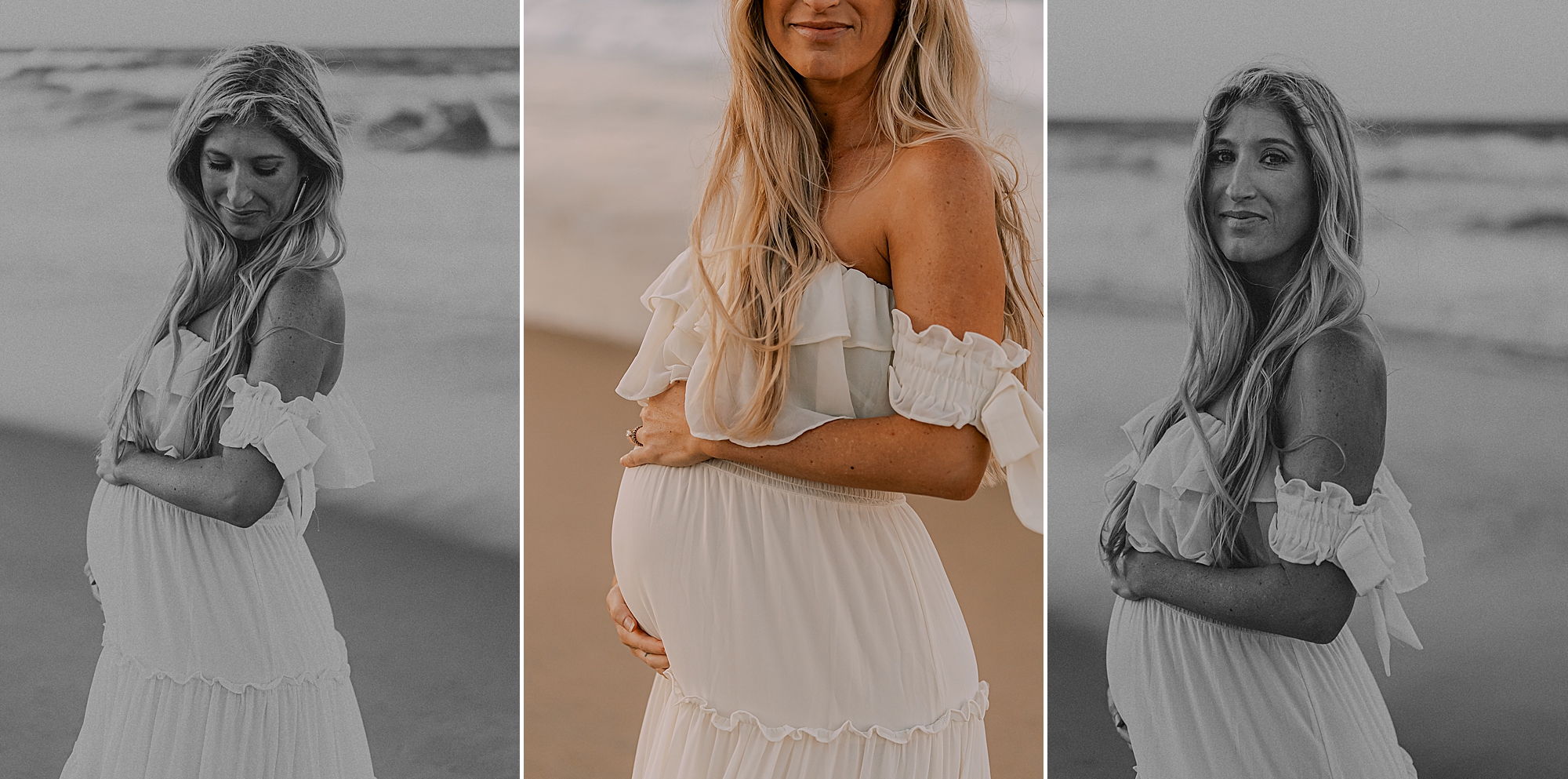 beach maternity photos in Kill Devil Hills for mom in white dress