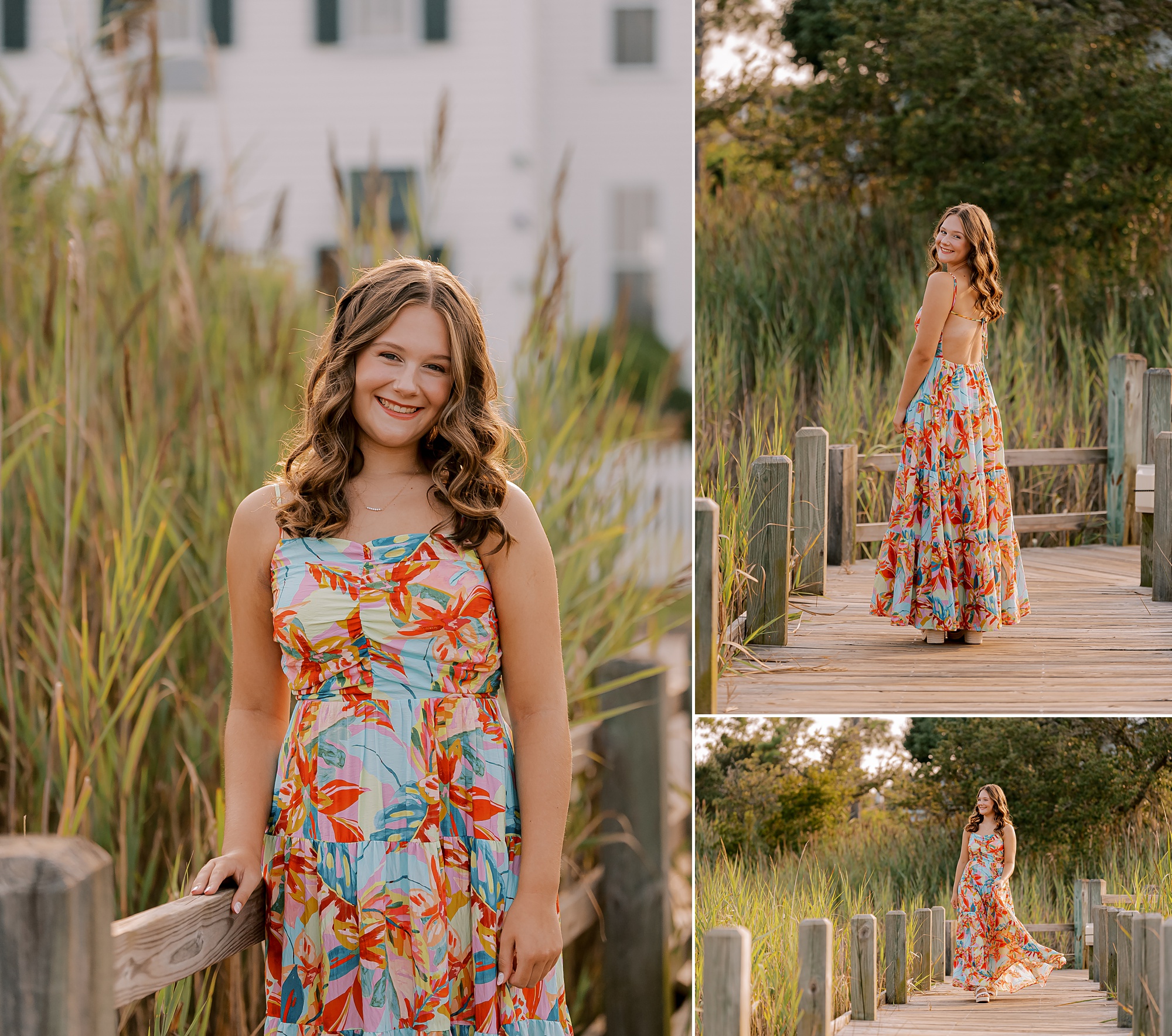 high school senior in colorful dress walks on boardwalk in downtown Manteo