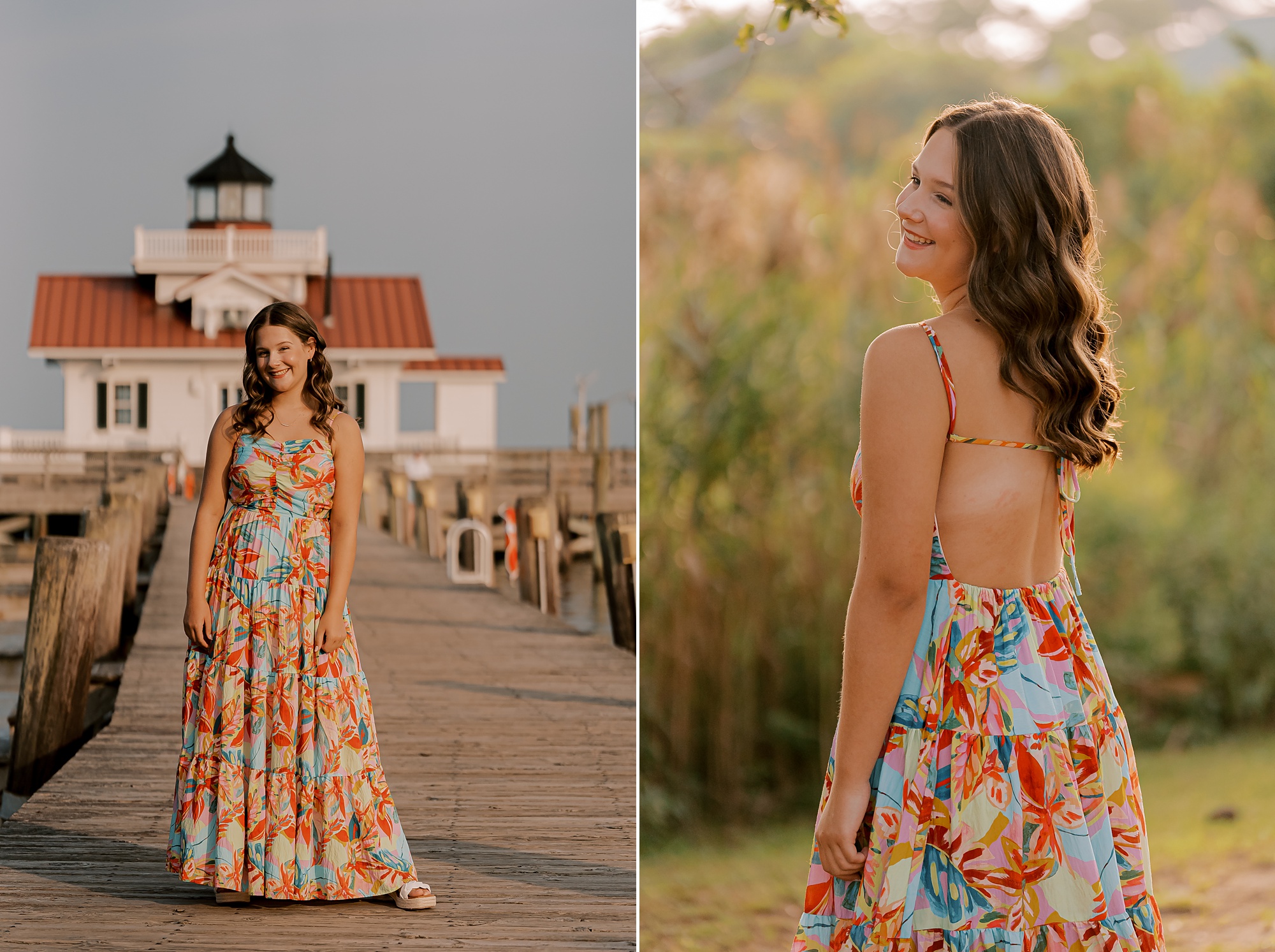 high school girl in floral dress stands in front of Manteo lighthouse