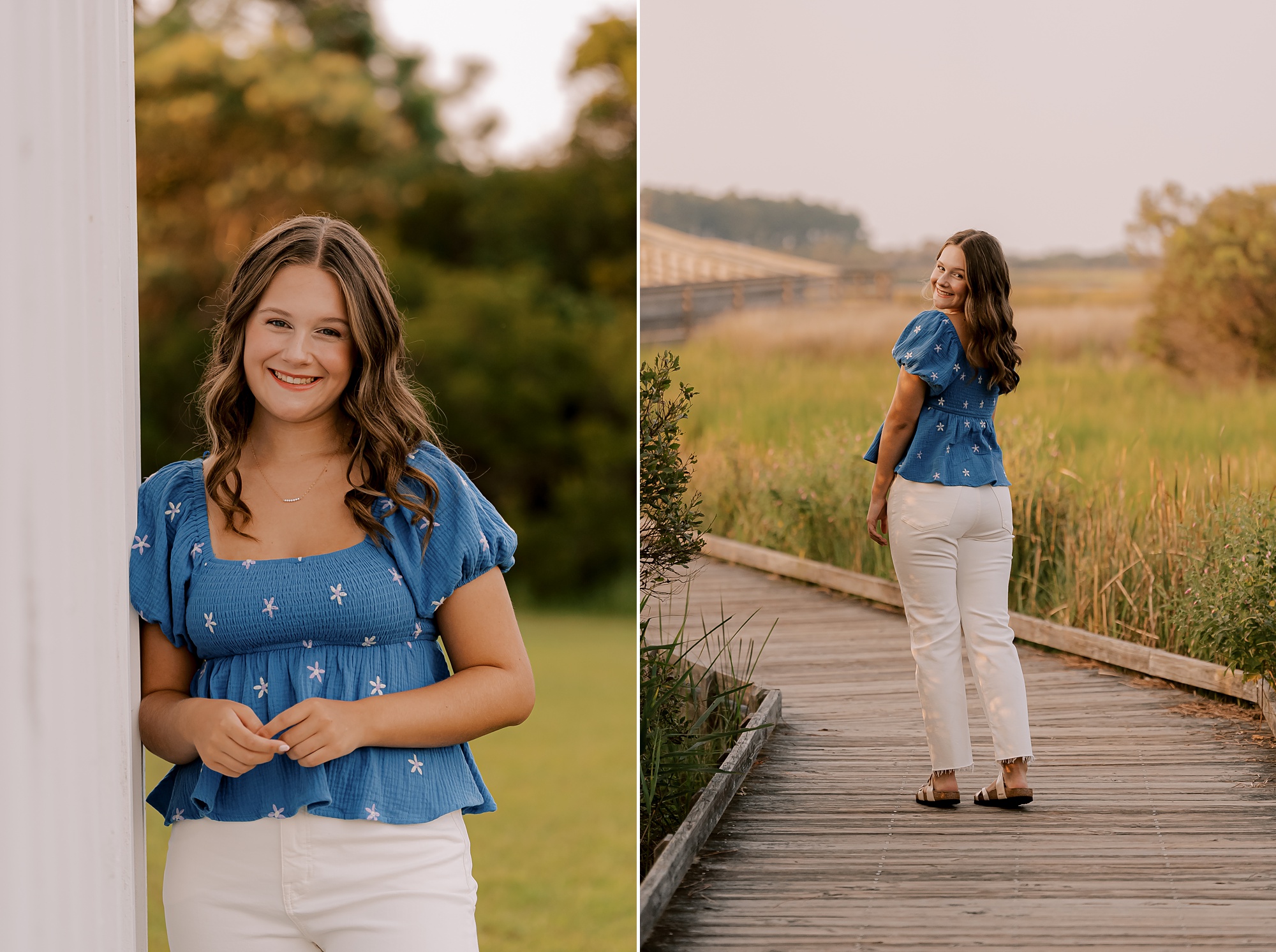 girl stands in blue top and white pants during outer banks photos 