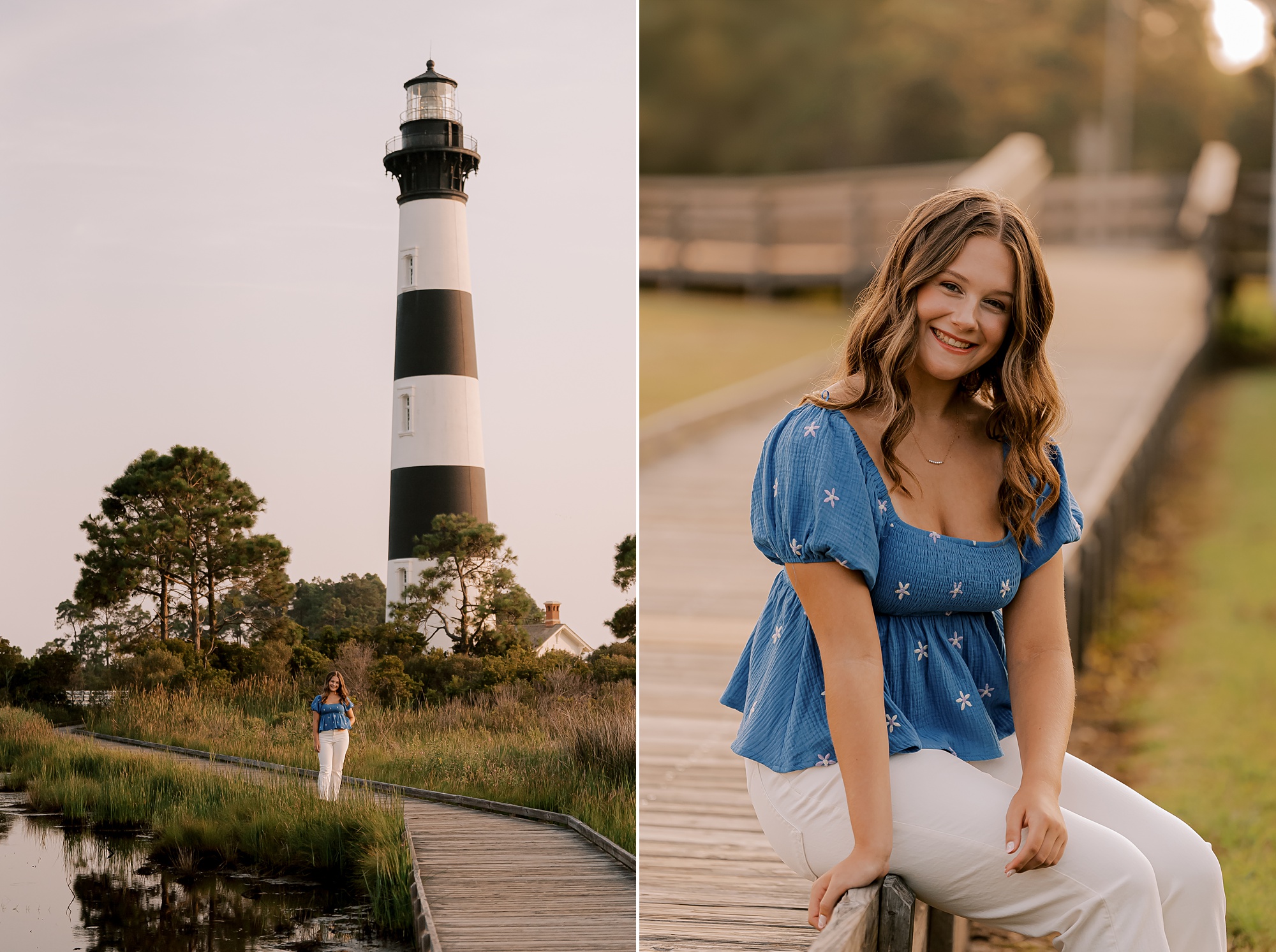 high school girl in white and blue outfit poses in front of Bodie Lighthouse during outer banks senior portraits