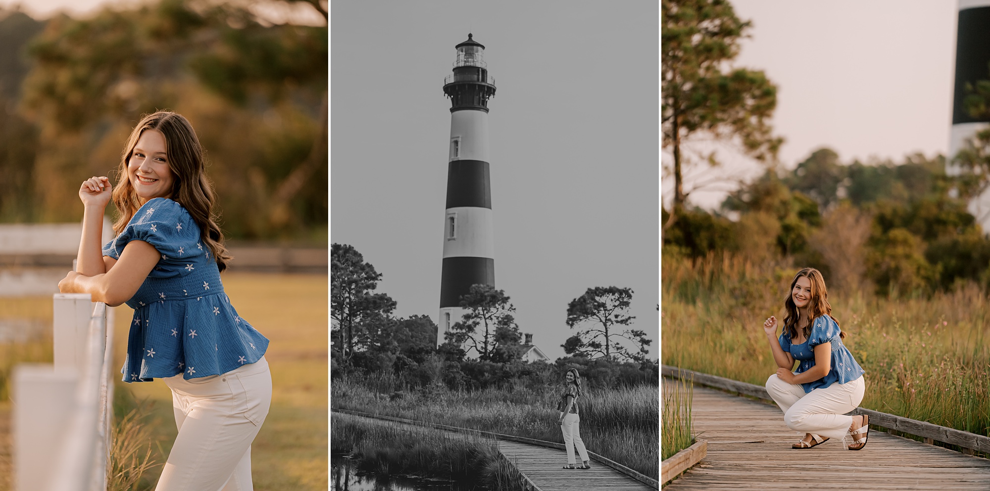 high school senior kneels on wooden pathway near Bodie Lighthouse 