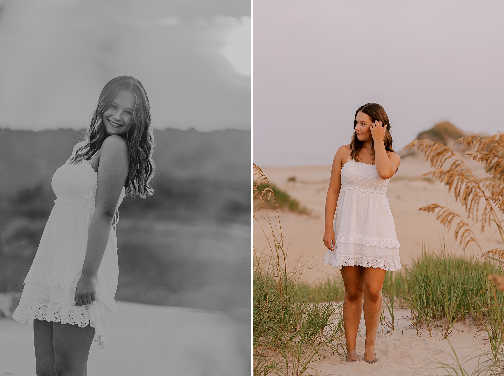 girl poses in white sundress on sand dunes on the Oregon inlet