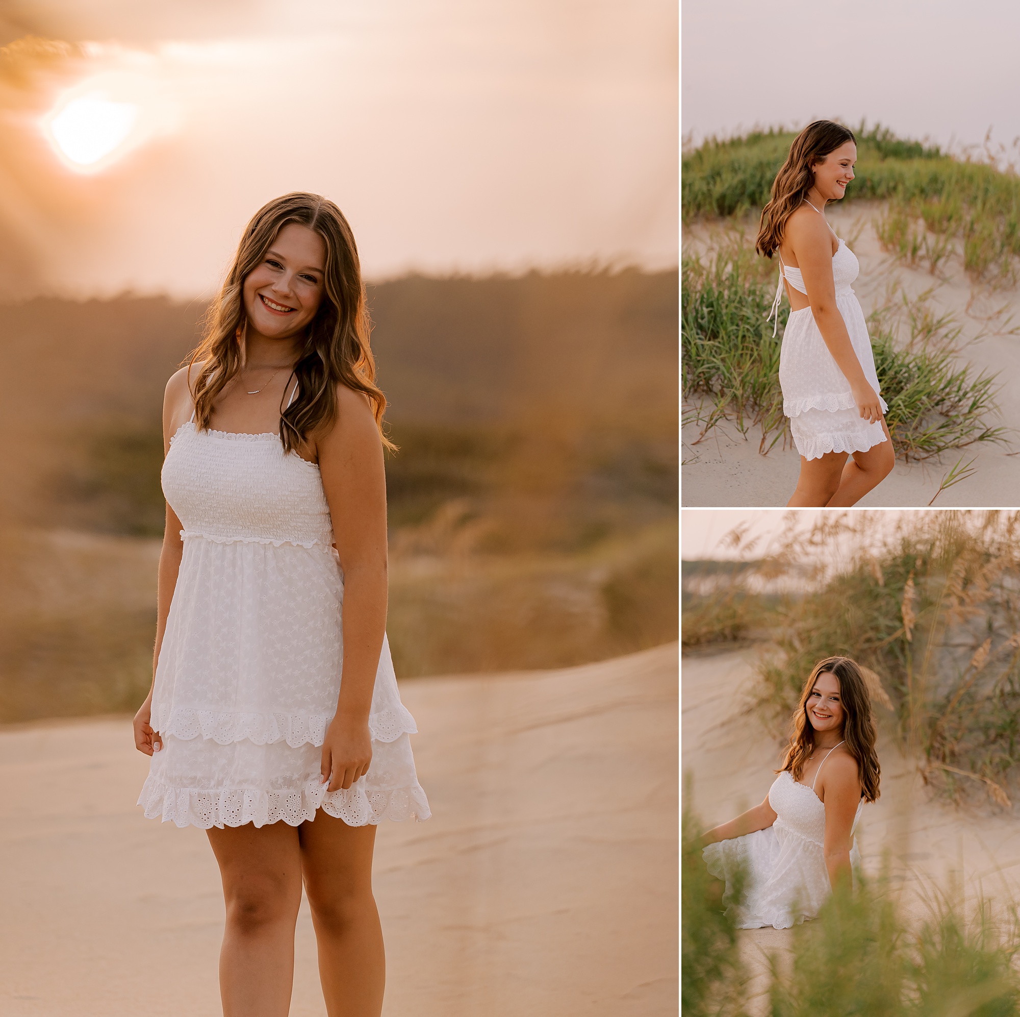 senior in white dress walks through sand dunes on the Oregon inlet