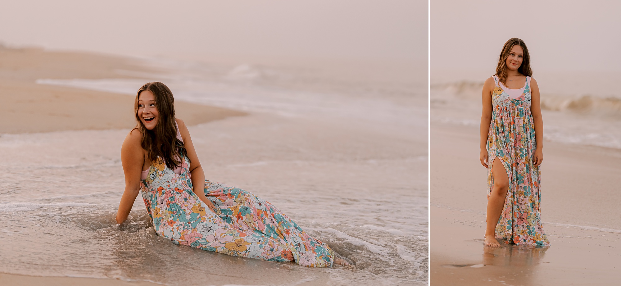 girl sits on the beach in long floral dress during outer banks senior portraits