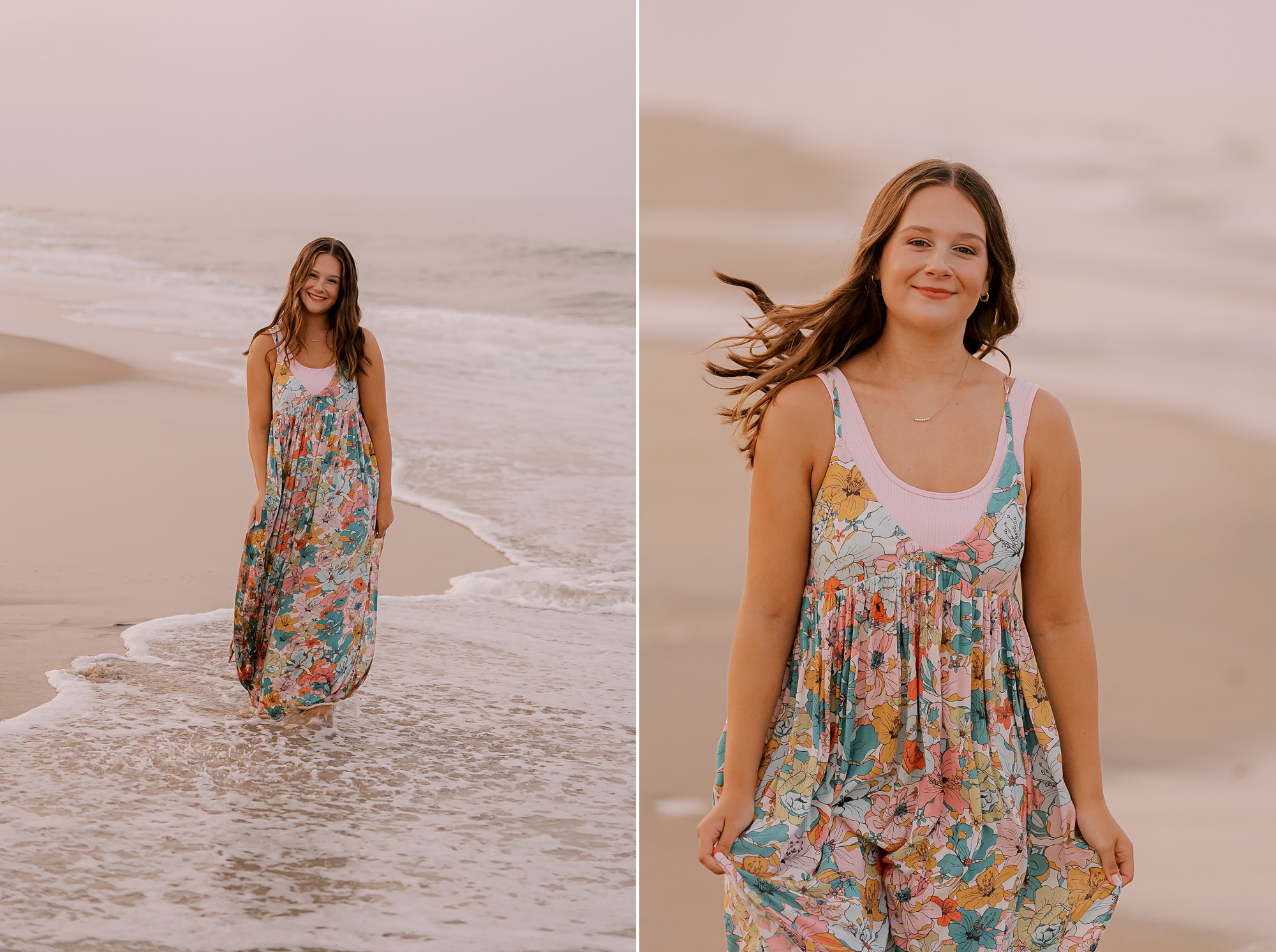 girl in floral dress with waves behind her for outer banks senior portraits