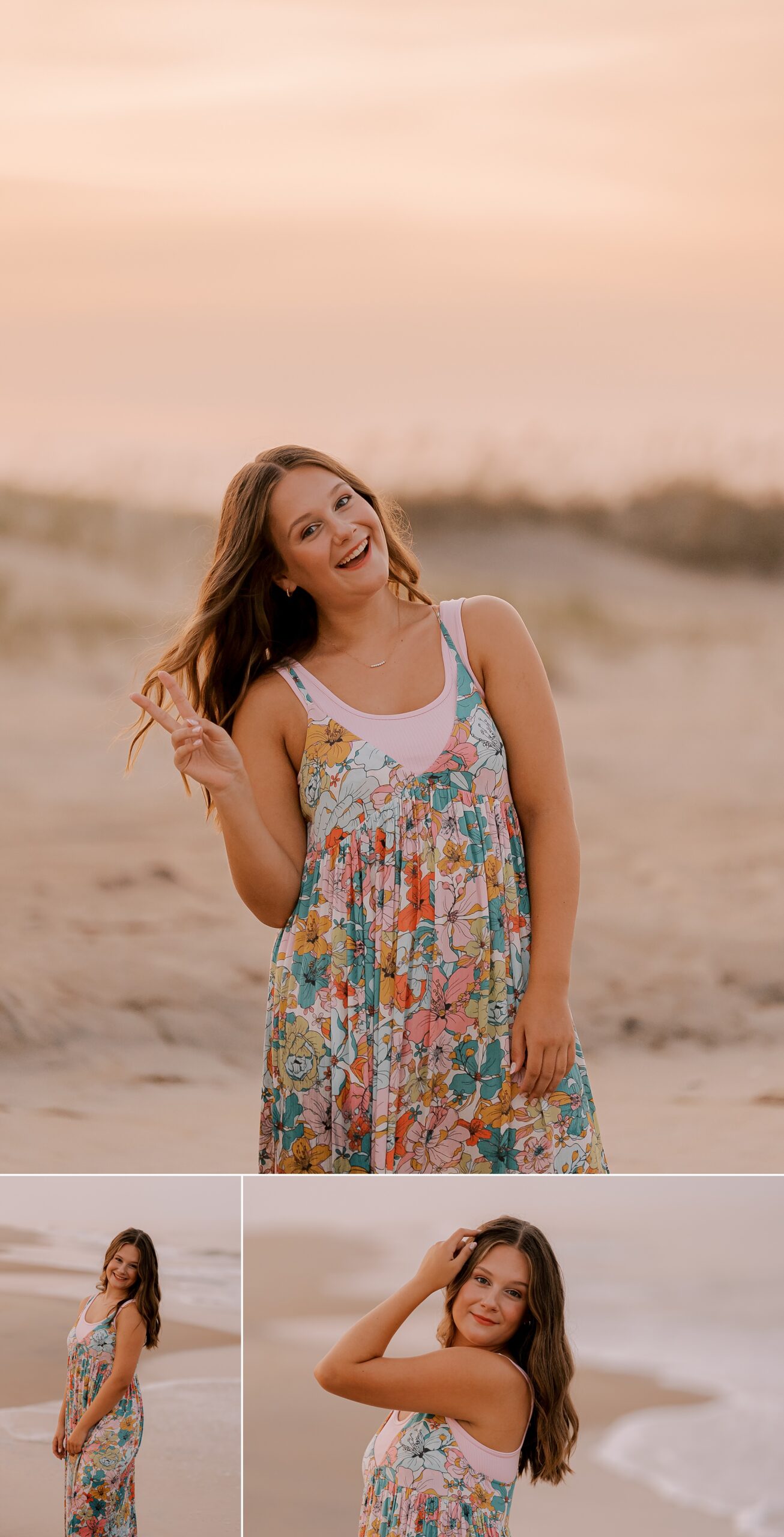 senior smiles in floral dress during outer banks senior portraits