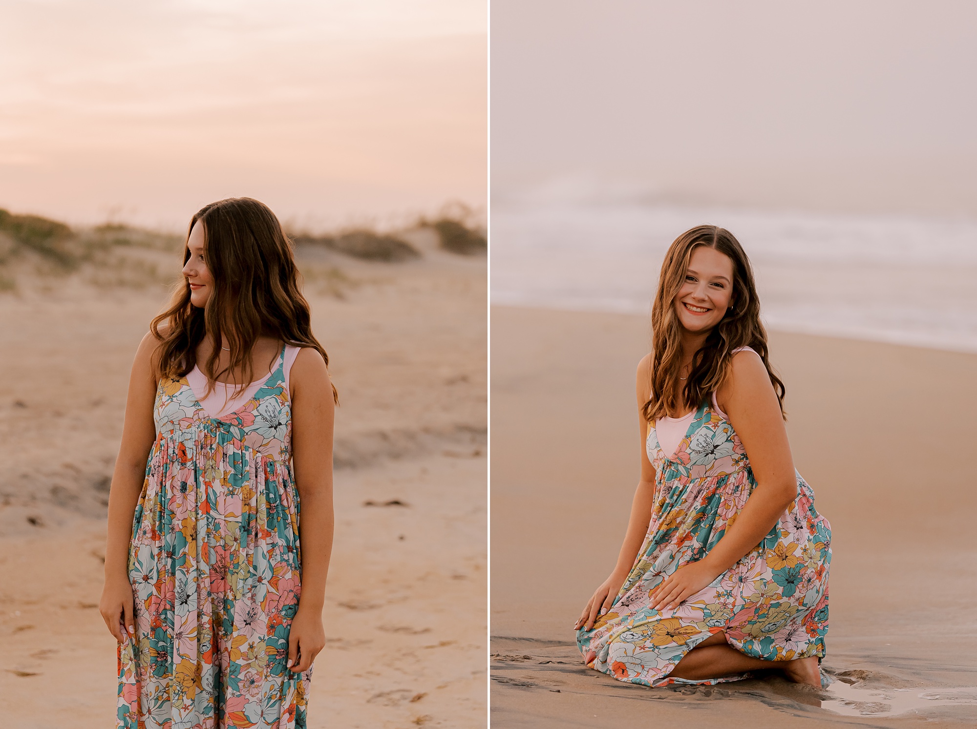 girl smiles and stands on the beach during outer banks senior portraits