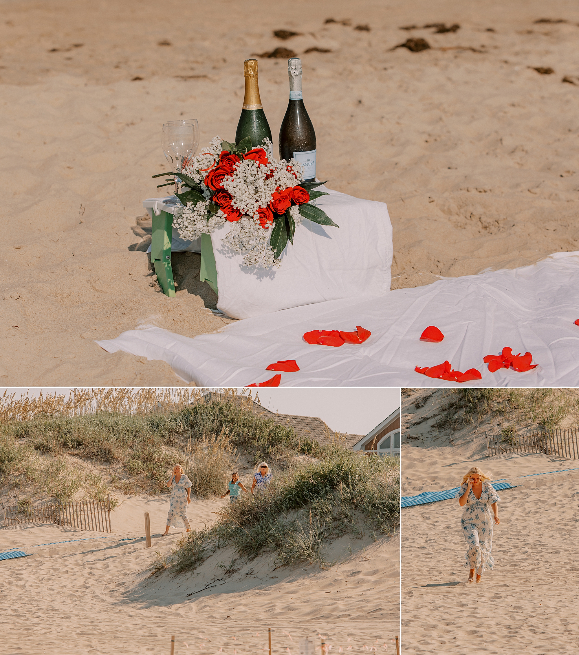 setup for proposal on the beach in kitty hawk with red rose petals and champagne on white blanket