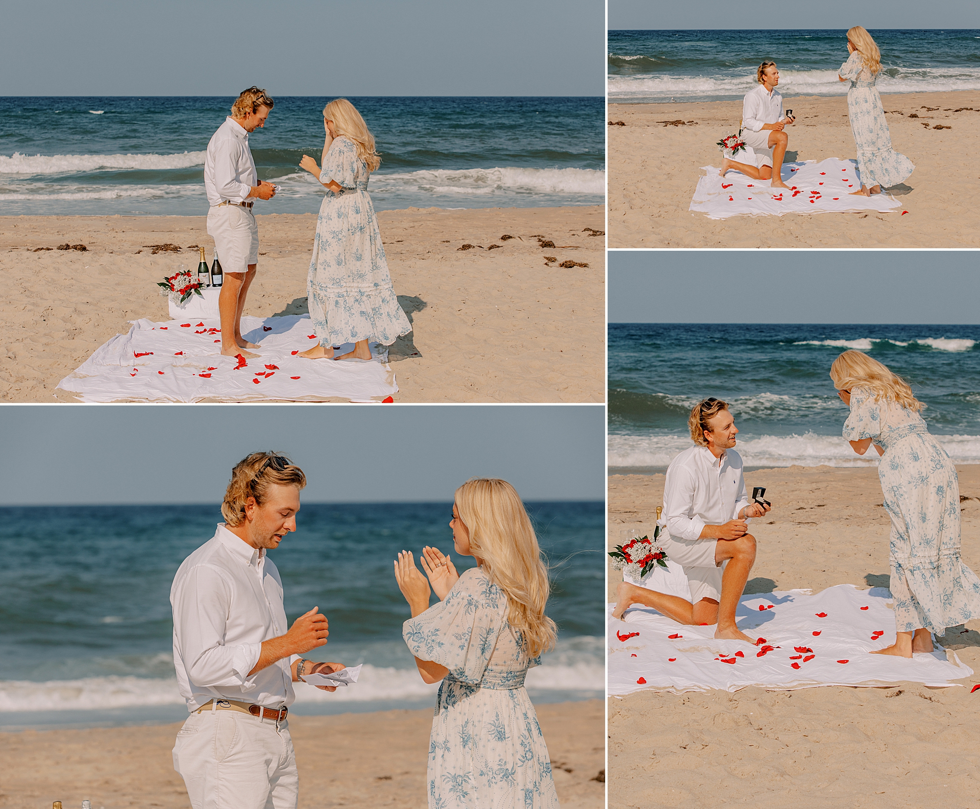 blonde woman reacts to proposal on the beach in kitty hawk 