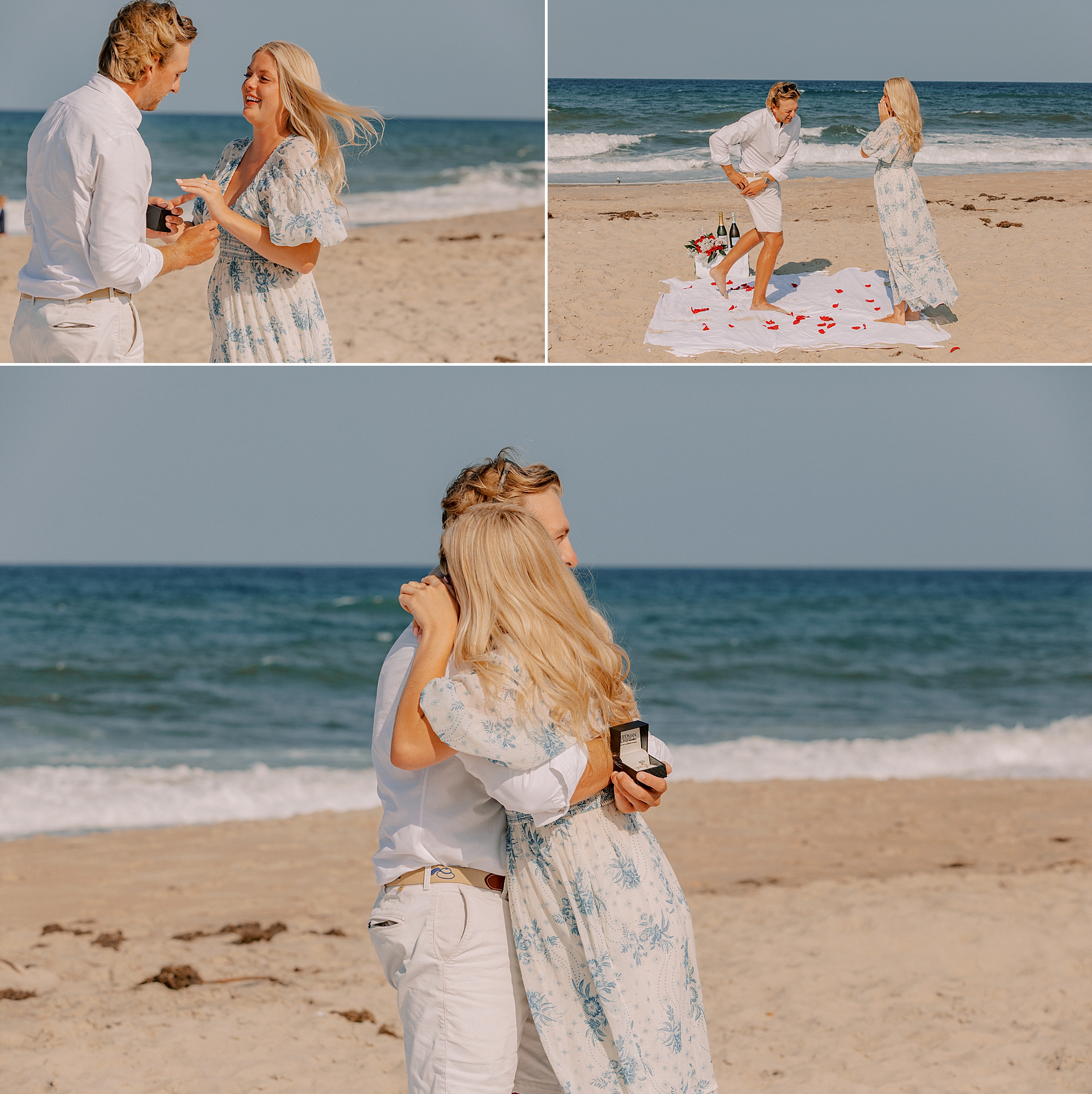 engaged couple hugs on beach in outer banks after proposal 