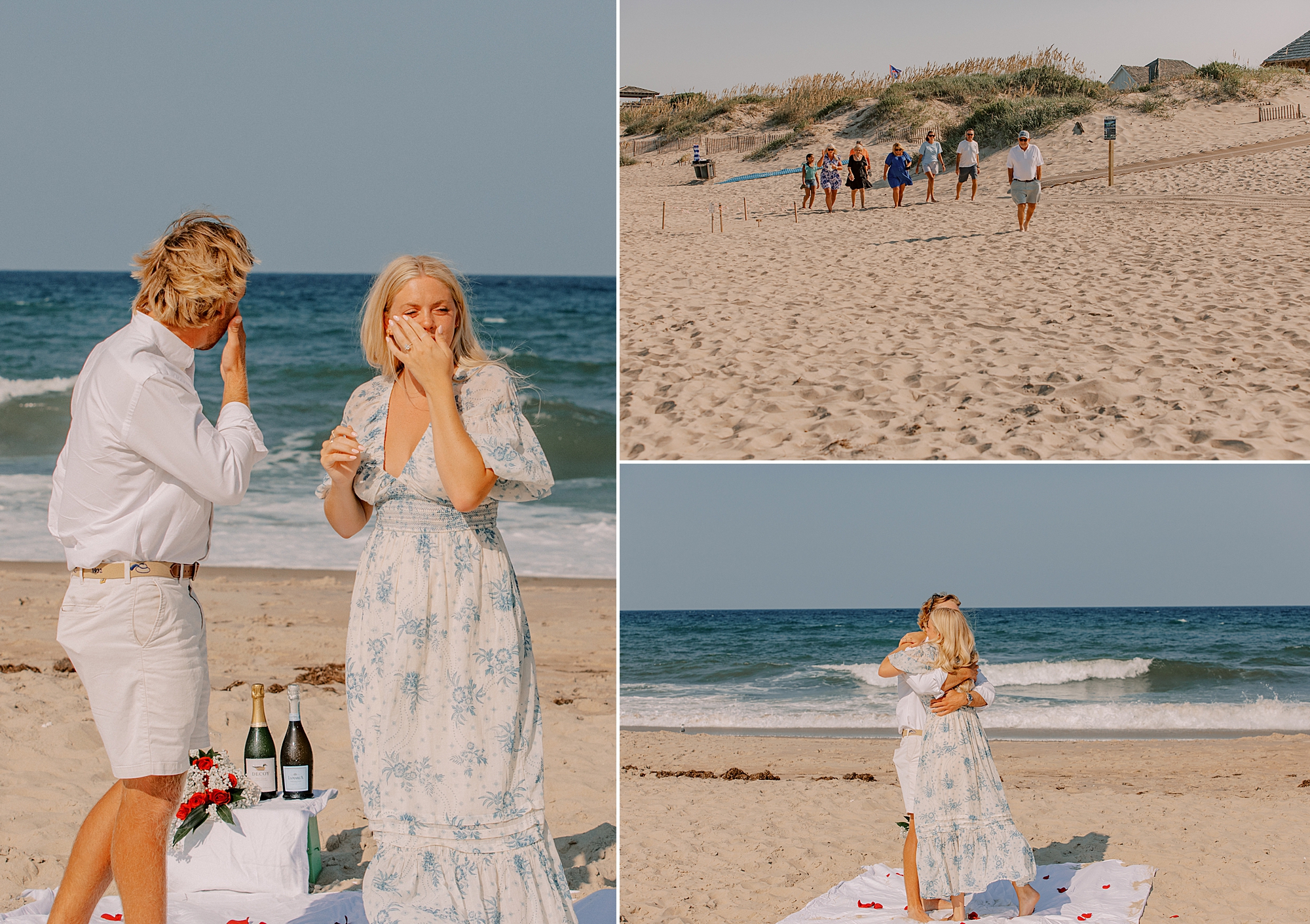 woman reacts seeing man with proposal setup on the beach