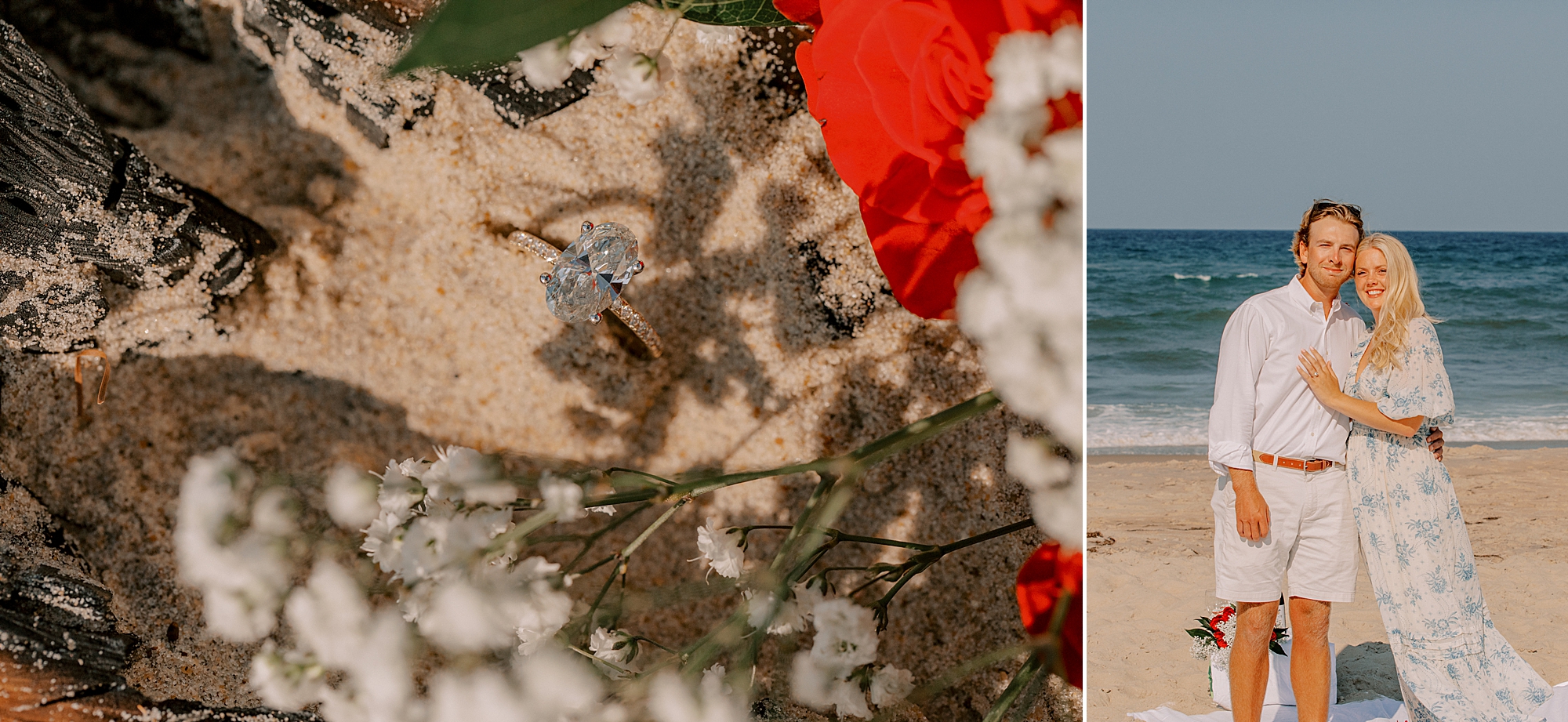 engagement ring rests in sand next to red petals of roses 