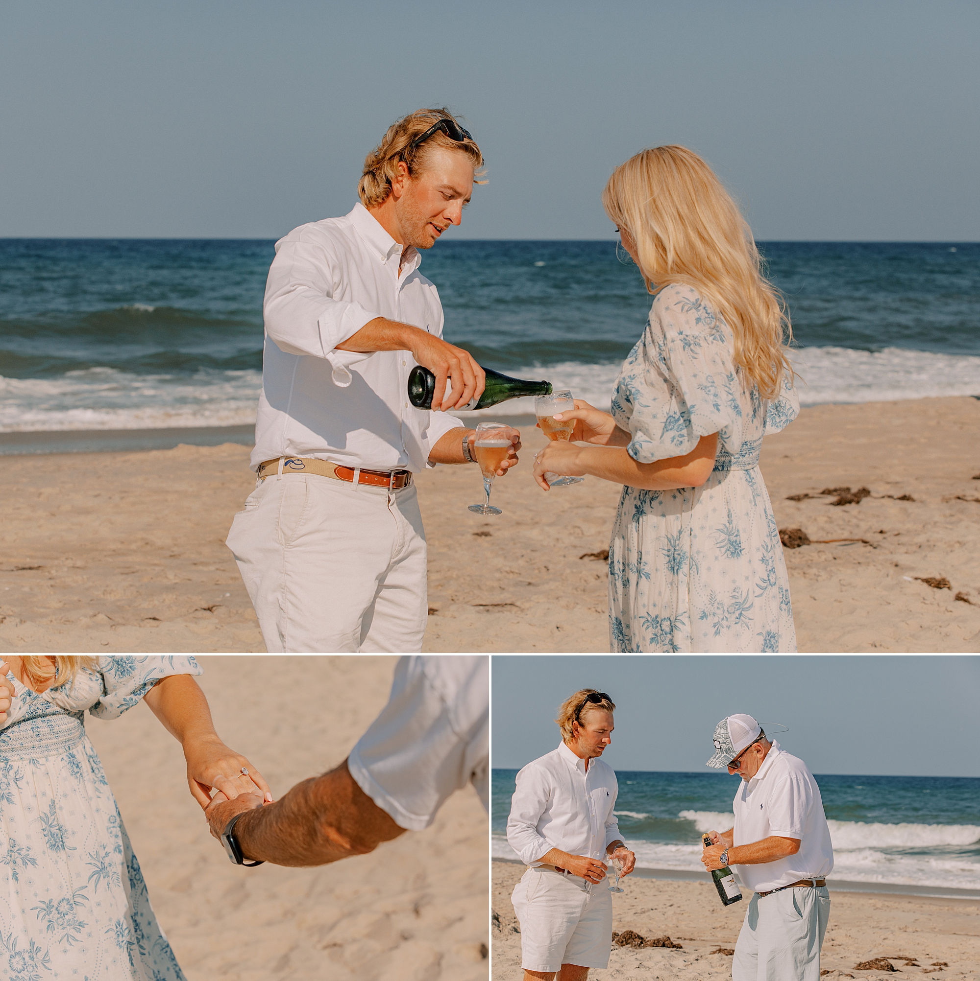 man pours champagne for bride-to-be after proposal on the beach in kitty hawk 