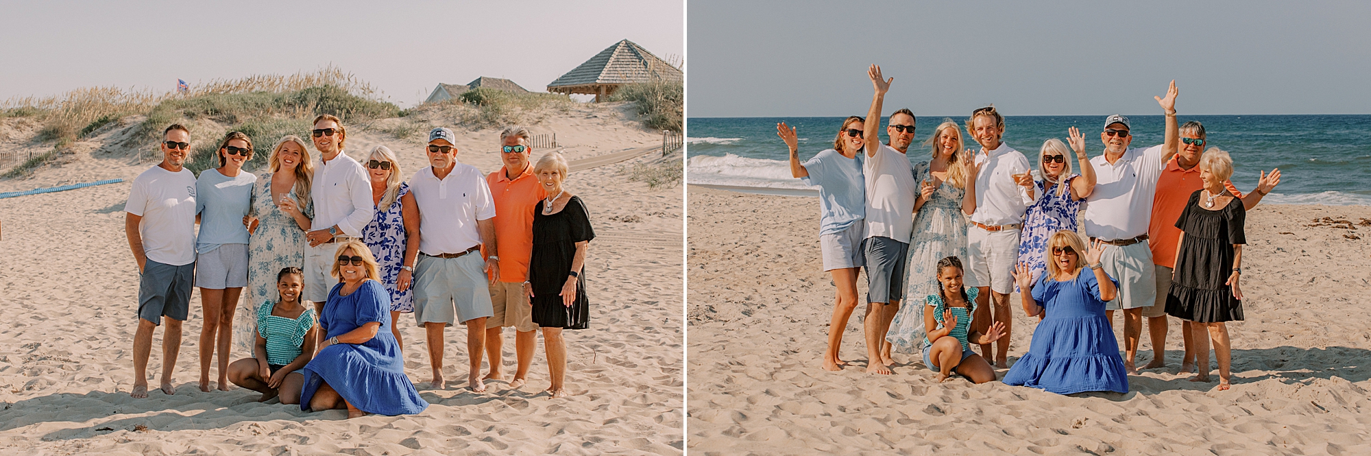 family hugs bride and groom to be after proposal on the beach in kitty hawk 