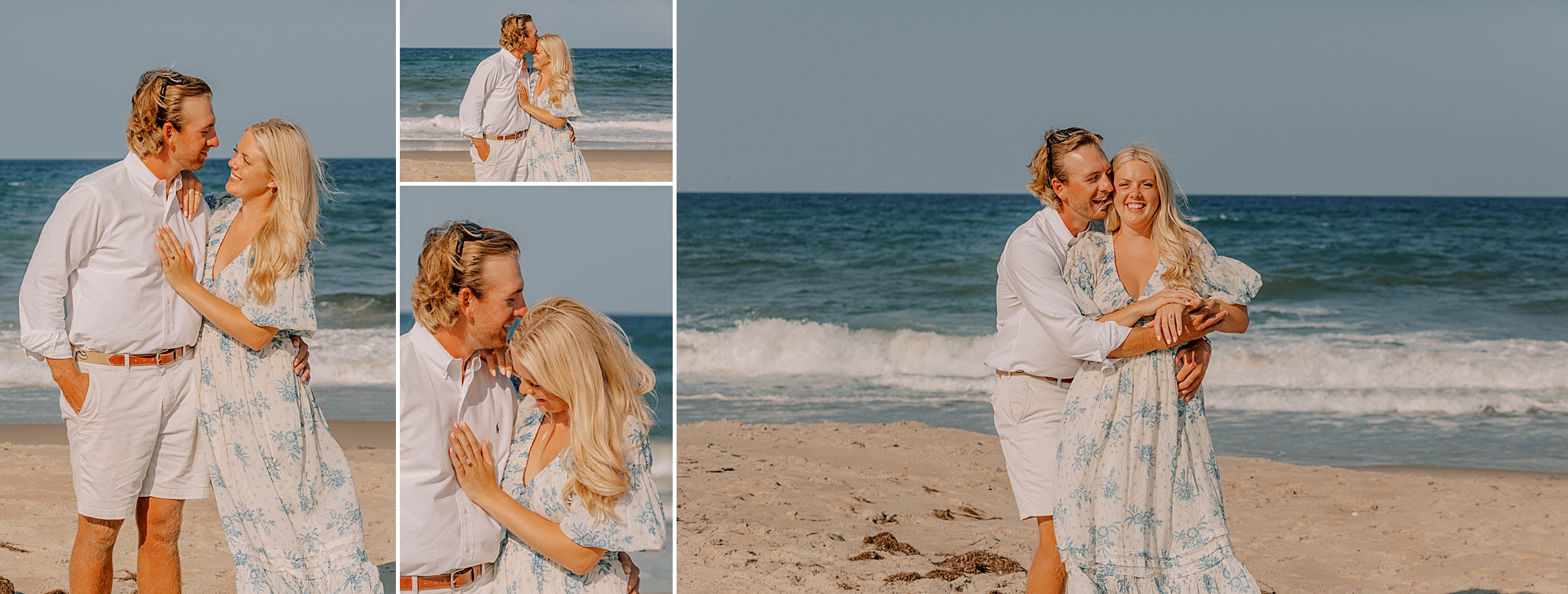 engaged couple hugs in front of ocean after proposal on the beach in kitty hawk in outer banks