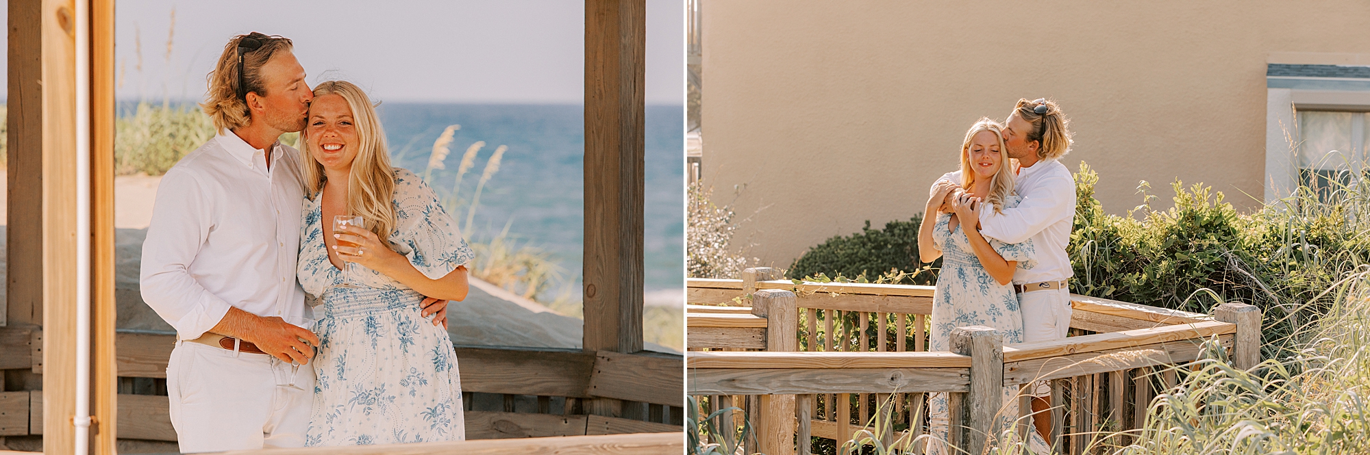 man and woman hug on wooden gazebo in the outer banks 