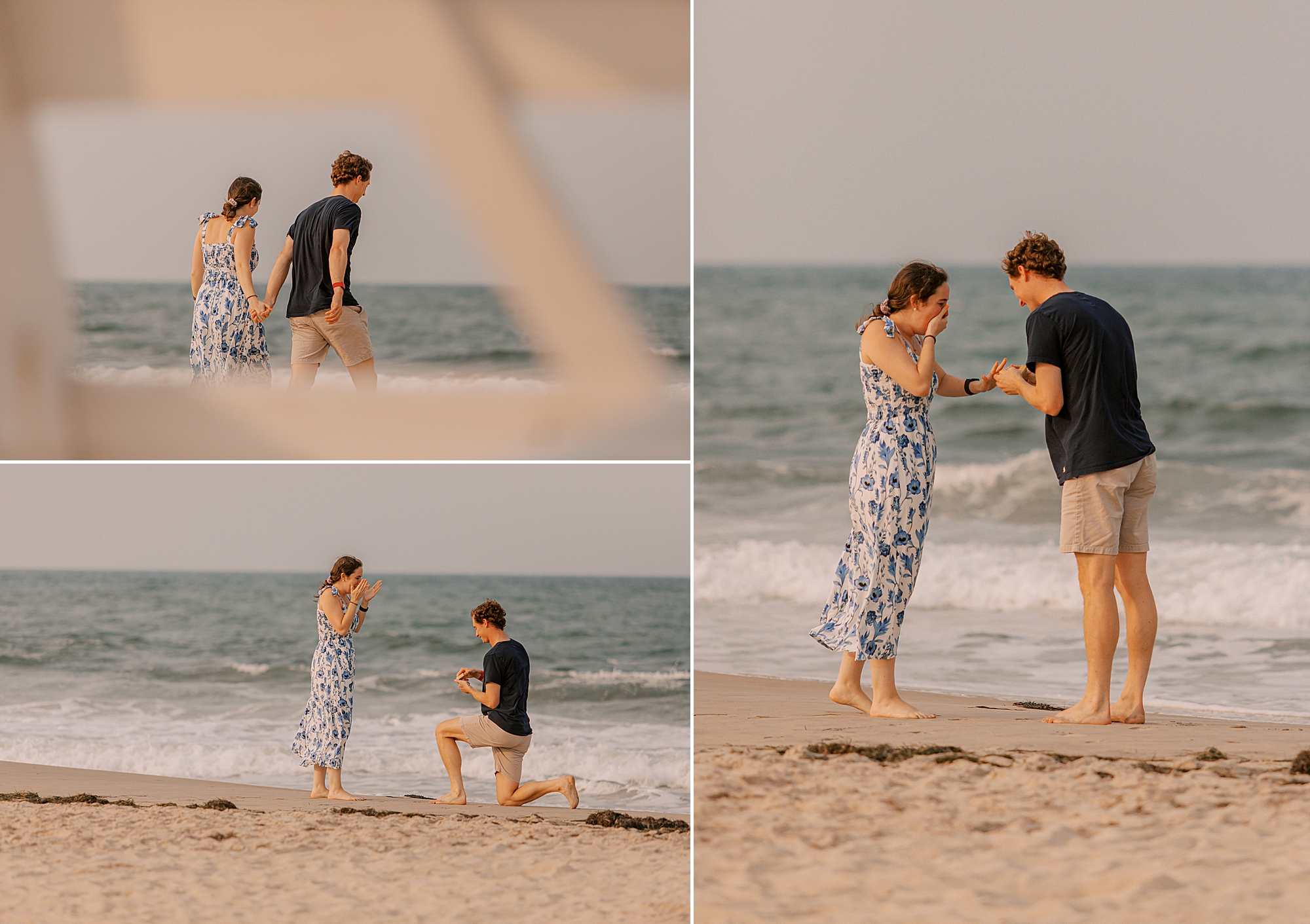 couple walks along beach while man starts to propose in the outer banks