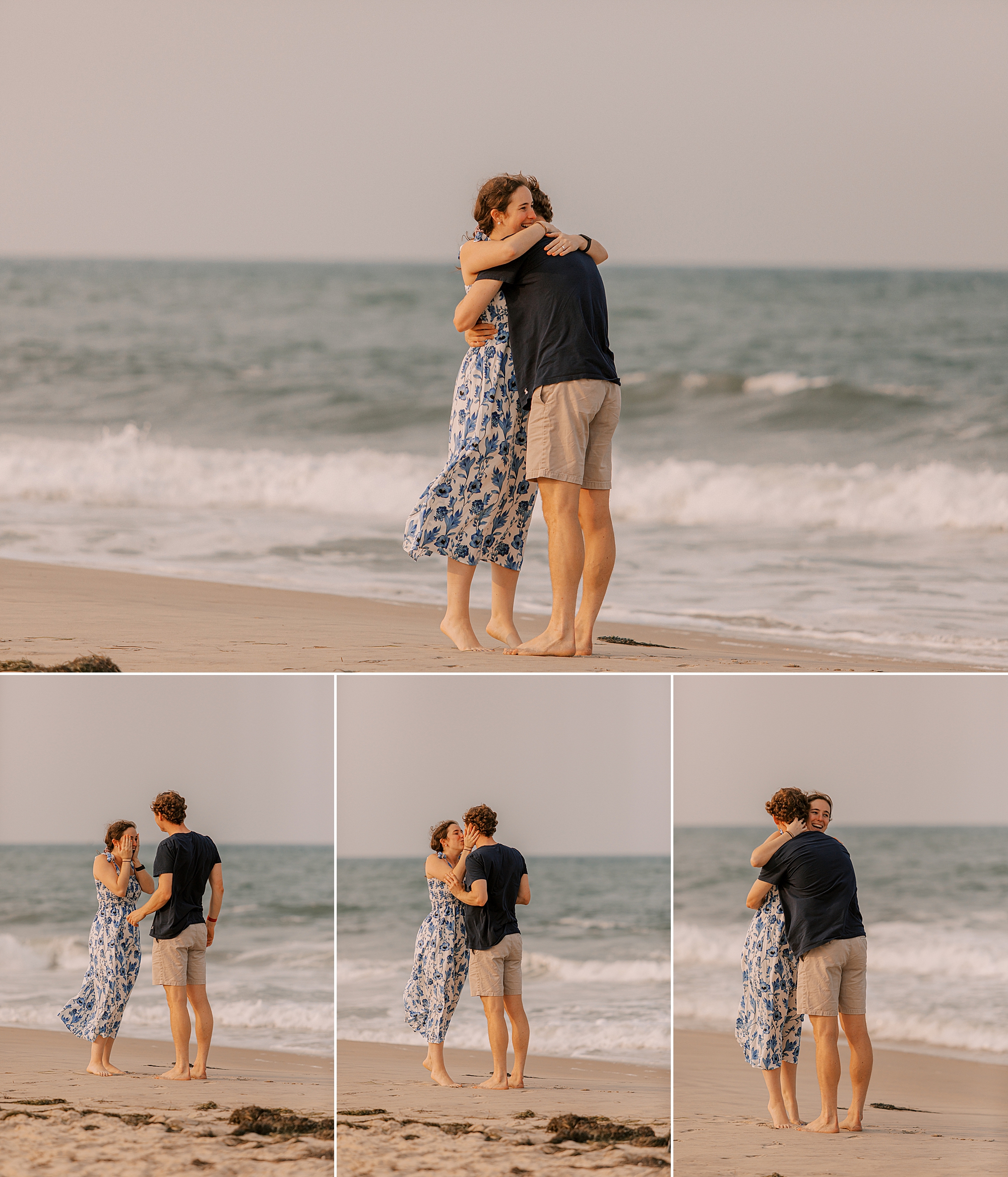 engaged couple hugs after proposal on nags head beach 