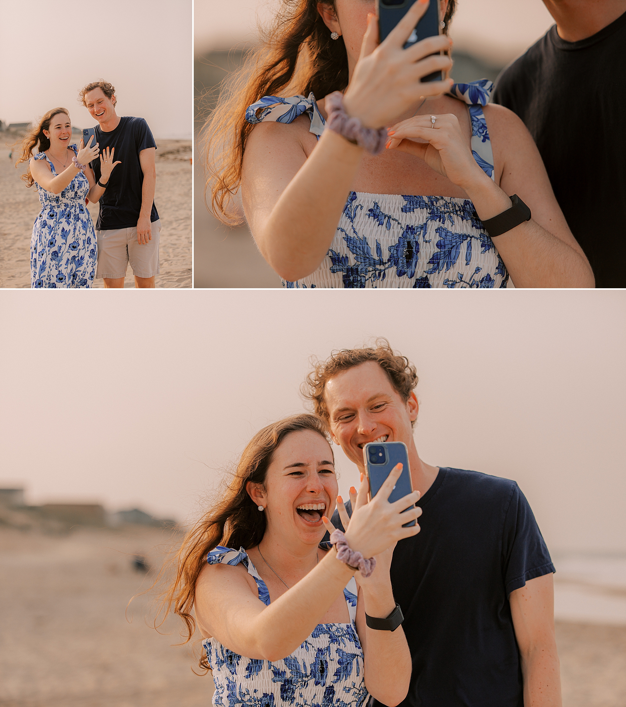 couple facetimes with family on the beach showing off engagement ring