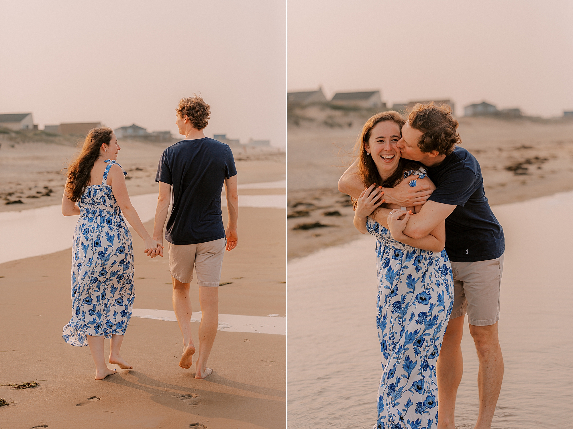 man hugs fiancee in blue dress on the beach in the outer banks