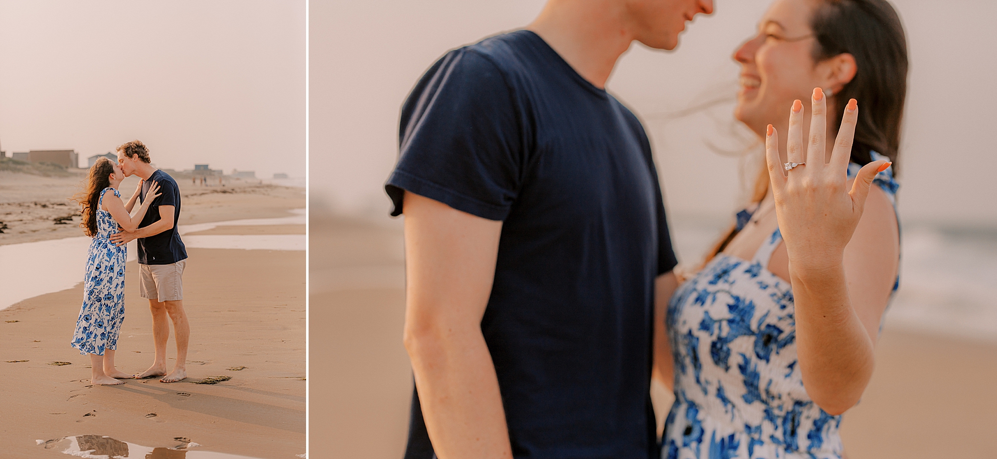 engaged couple hugs smiling at each other while woman shows off engagement ring