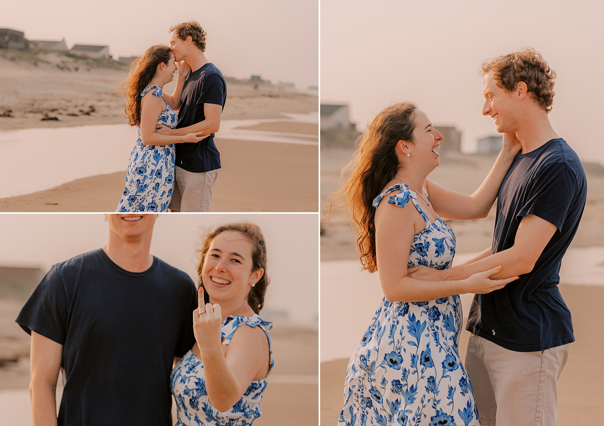 engaged couple hugs at sunset on nags head beach after proposal in the outer banks