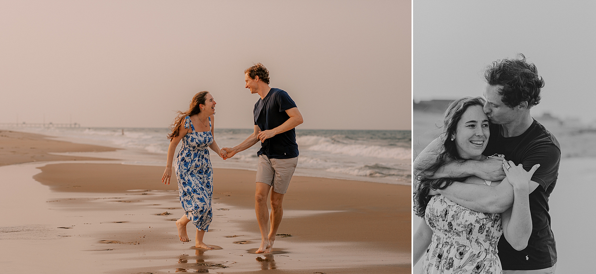 engaged couple hugs and holds hands walking along edge of water in the outer banks