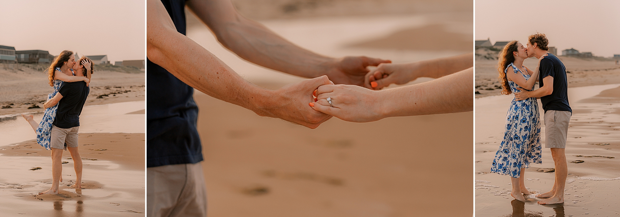 engaged couple holds hands showing off woman's engagement ring