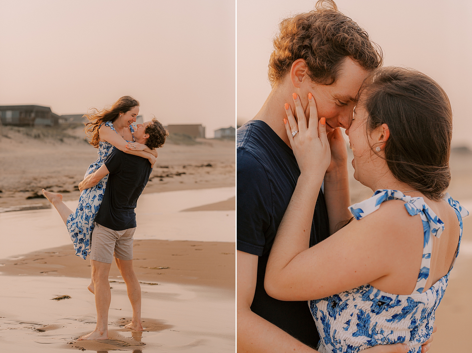 man lifts up woman twirling her around in edge of ocean in the outer banks