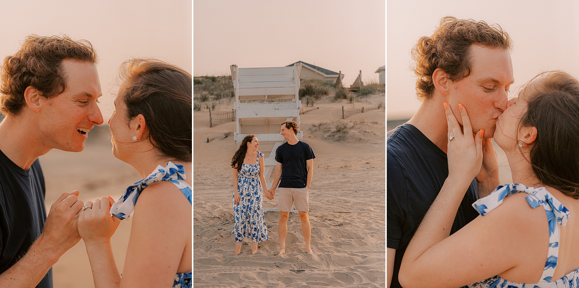 engaged couple kiss on nags head beach at sunset