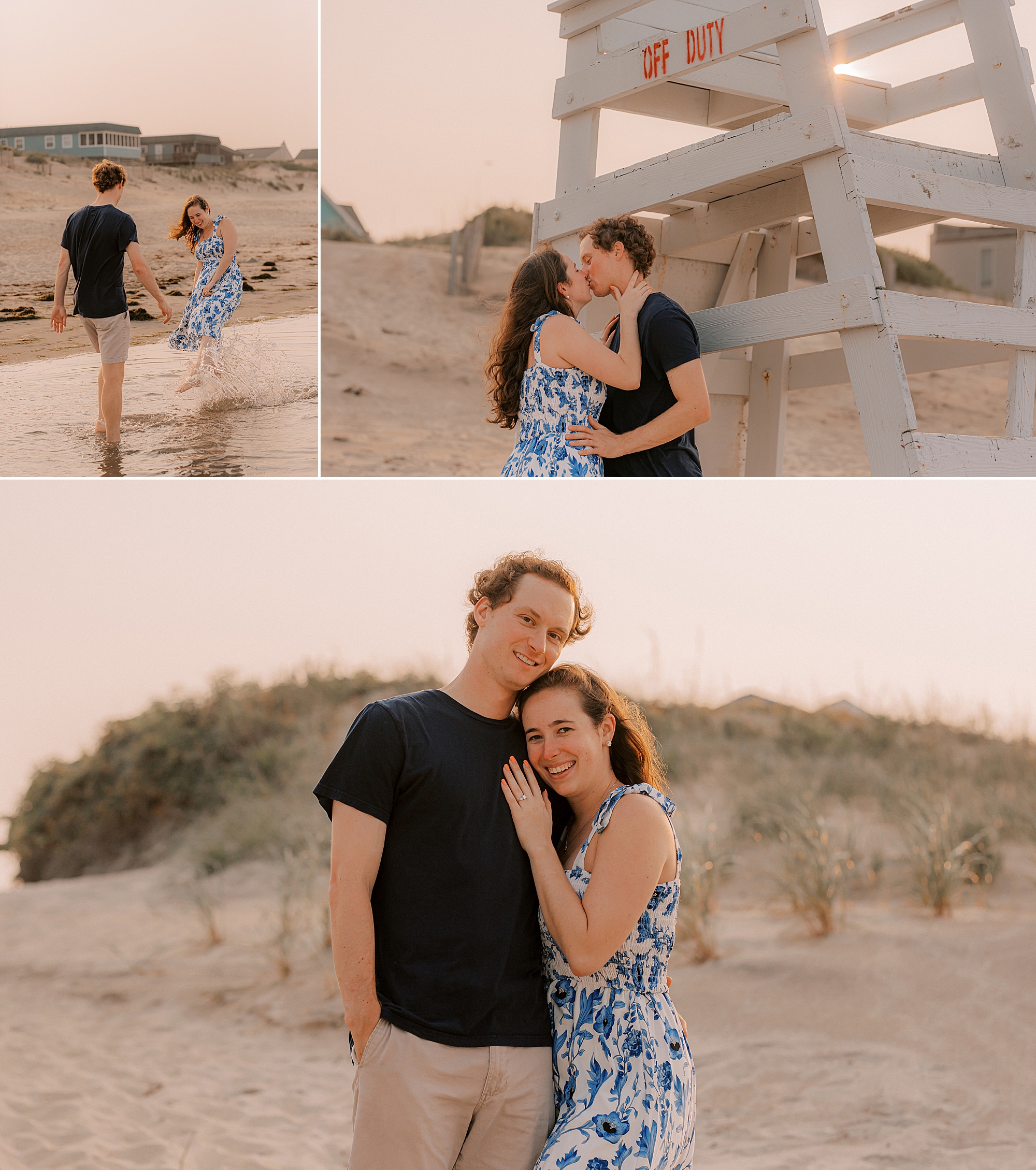 woman leans on man's chest showing off engagement ring