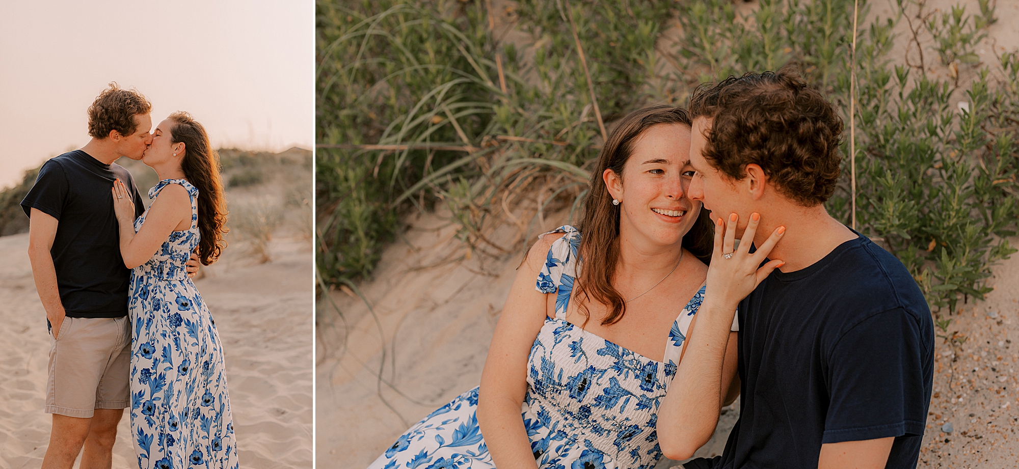 couple snuggles on beach after surprise proposal on the outer banks
