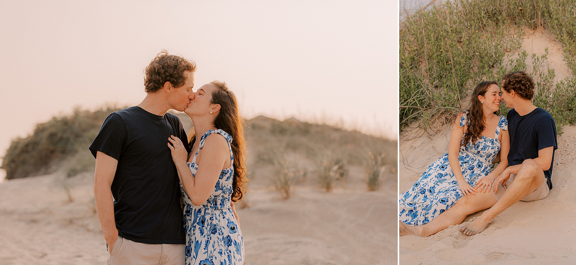 man and woman lean for kiss at sunset on nags head beach 