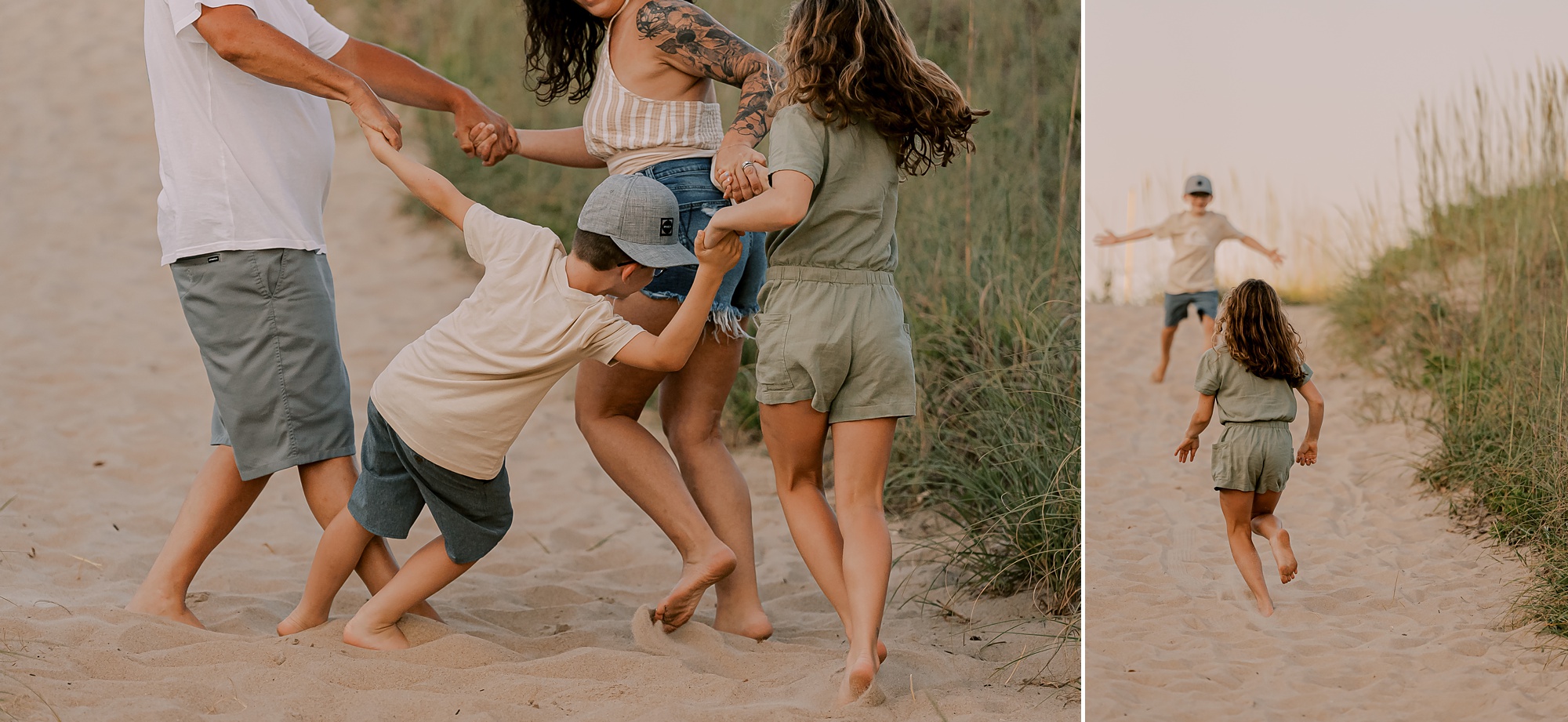 family twirls around during photos with outer banks family photographer